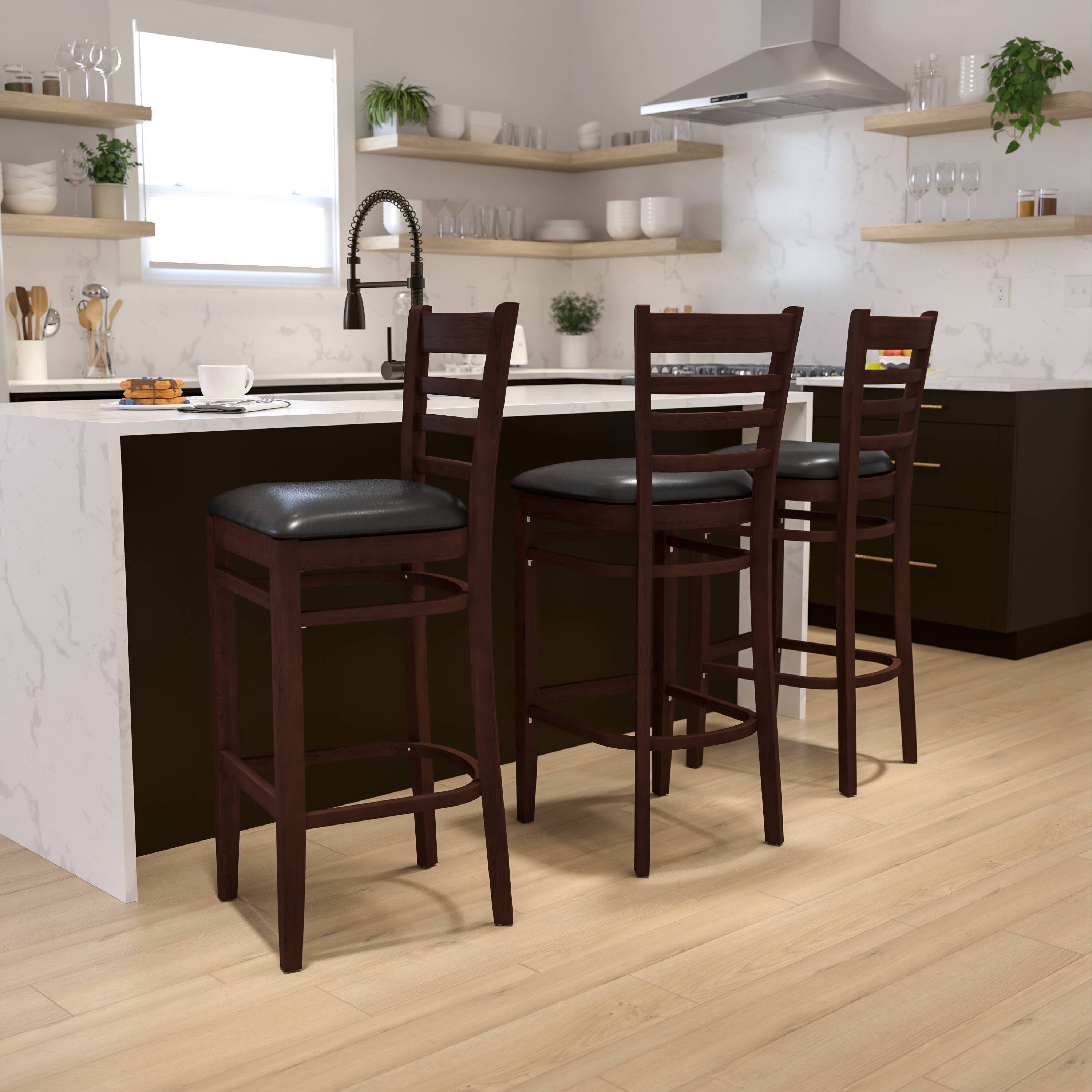 Alt View 1. Emma + Oliver - Ladder Back Wooden Restaurant Dining Barstool - Black Vinyl Seat/Walnut Wood Frame.