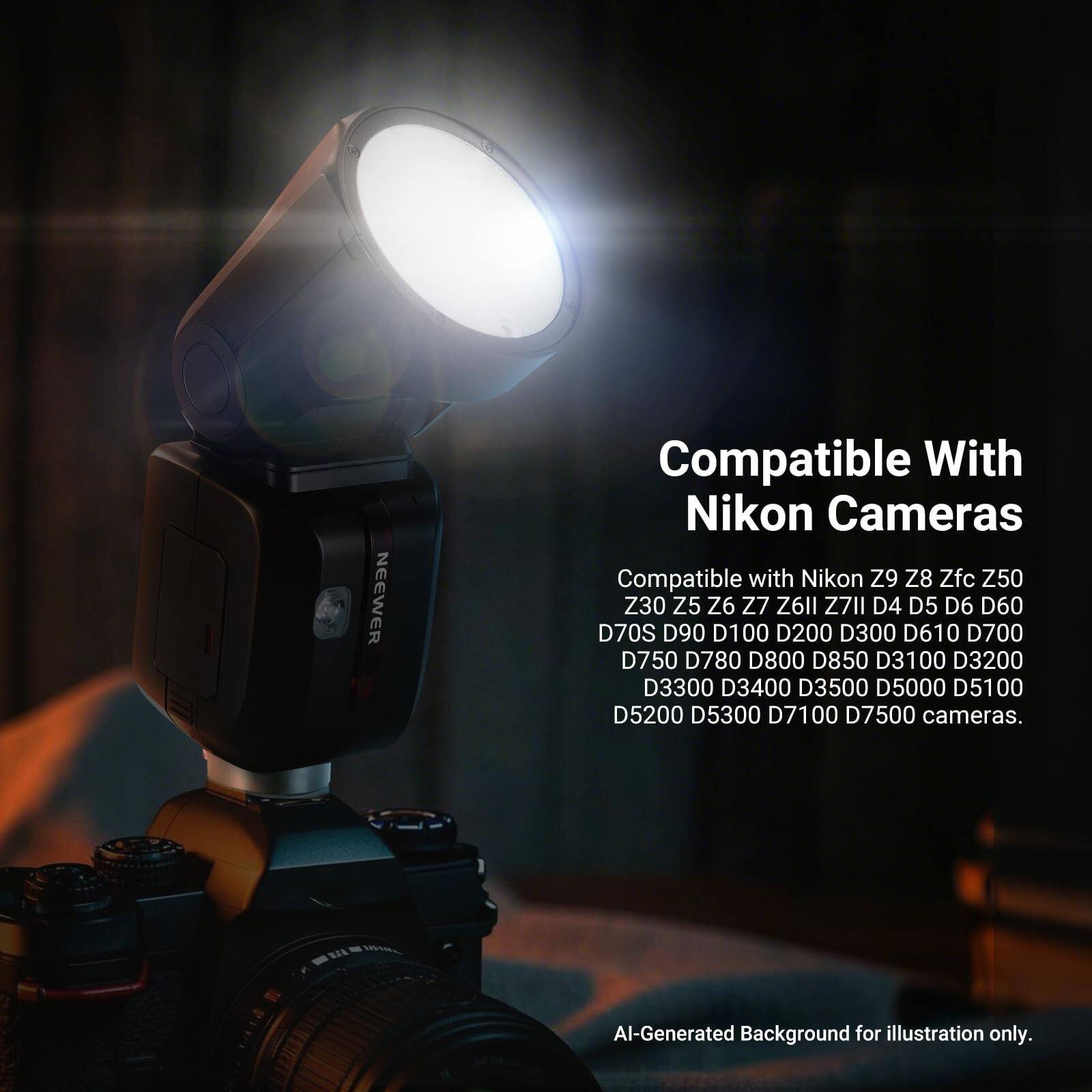 NEEWER

Compatible With Nikon Cameras

Compatible with Nikon Z9 Z8 Zfc Z50 Z30 Z5 Z6 Z7 Z611 Z711 D4 D5 D6 D60 D70S D90 D100 D200 D300 D610 D700 D750 D780 D800 D850 D3100 D3200 D3300 D3400 D3500 D5000 D5100 D5200 D5300 D7100 D7500 cameras.

Al-Generated Background for illustration only.