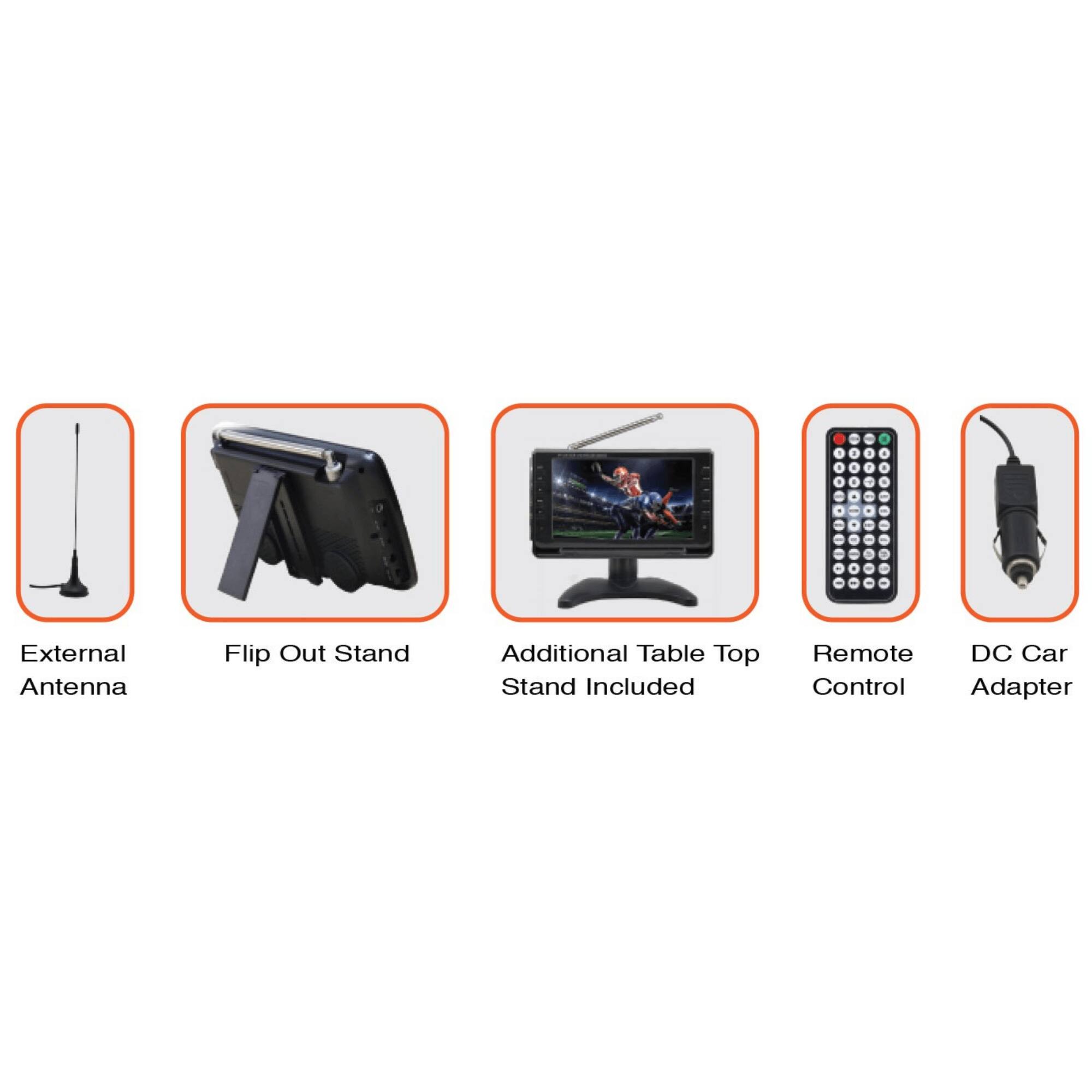 - External Antenna
- Flip Out Stand
- Additional Table Top Stand Included
- Remote Control
- DC Car Adapter