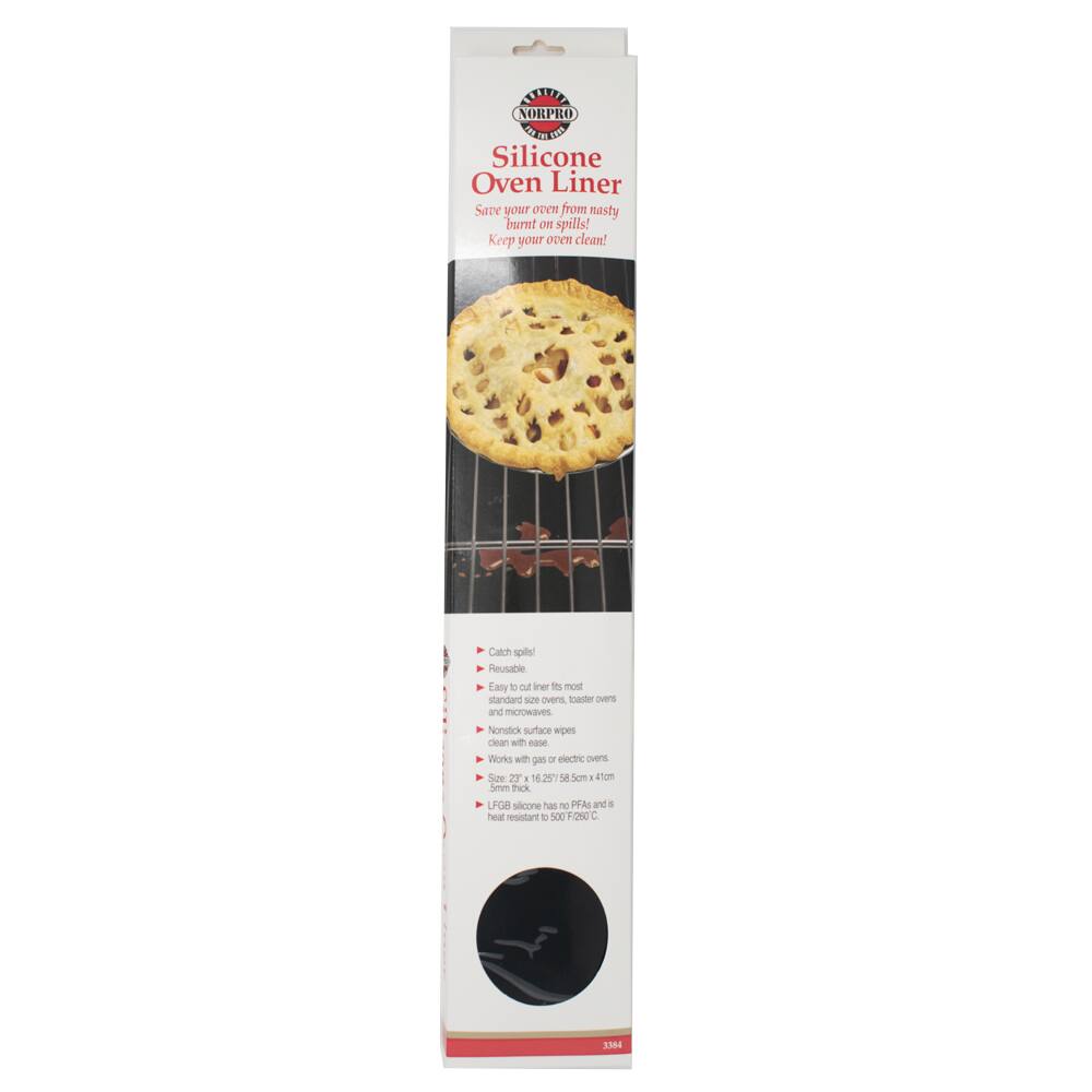 KETTER NORPRO TUELE Silicone Oven Liner  
Save your oven from nasty burnt on spills! Keep your oven clean!  
Catch spills  
Reusable!  
Easy to clean and microwave  
Nonstick surface wipes clean with ease  
Works with gas or electric ovens  
Size: 29" x 16.25"  
5mm thick  
LFGB silicone has no PFAs and is heat resistant to 500°F (260°C)