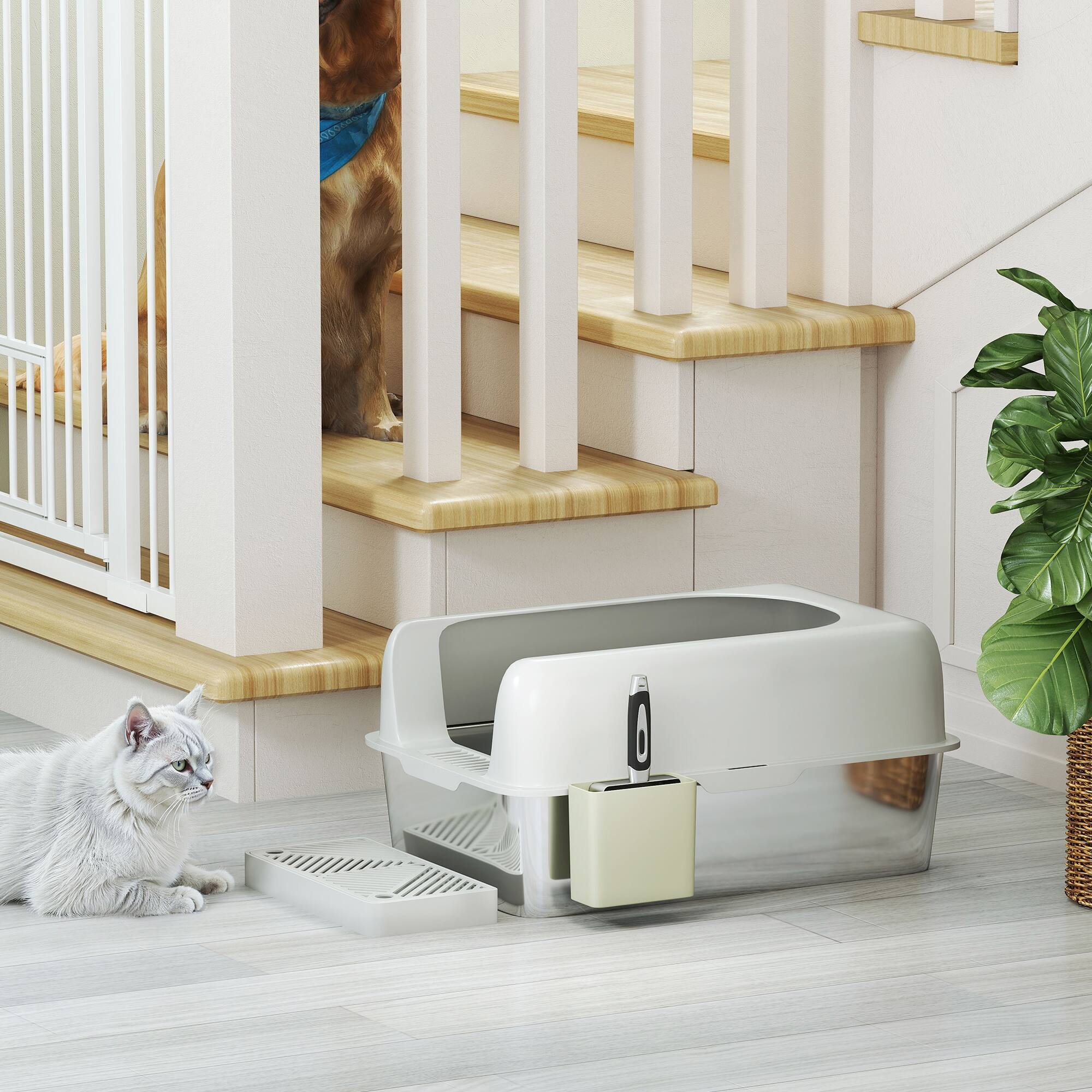 Alt View 1. Pawhut - Sided Stainless Steel Litter Box with Metal Scoop & Scoop Holder, for Easy Clean& Anti-Urine Leakage - Light Gray.