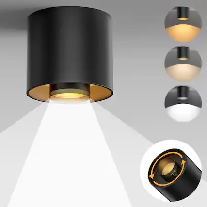 Front. FINEAK - 3-Color 30W Black Zoomable Dimmable LED Flush Mount Ceiling Spotlight.