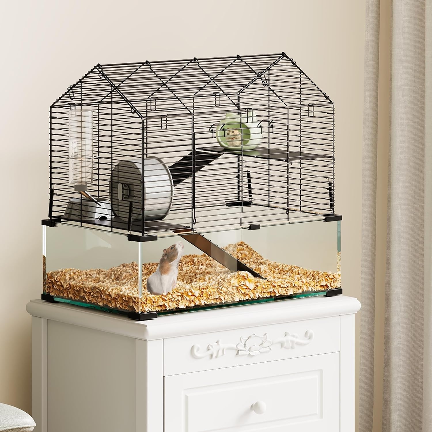 Alt View 4. Acekool - 3-Tier Large Hamster Cage, 360° Viewing Transparent Guinea Pig Cage with Water Bottle, Hut, Wheel, Food Dish, Black.