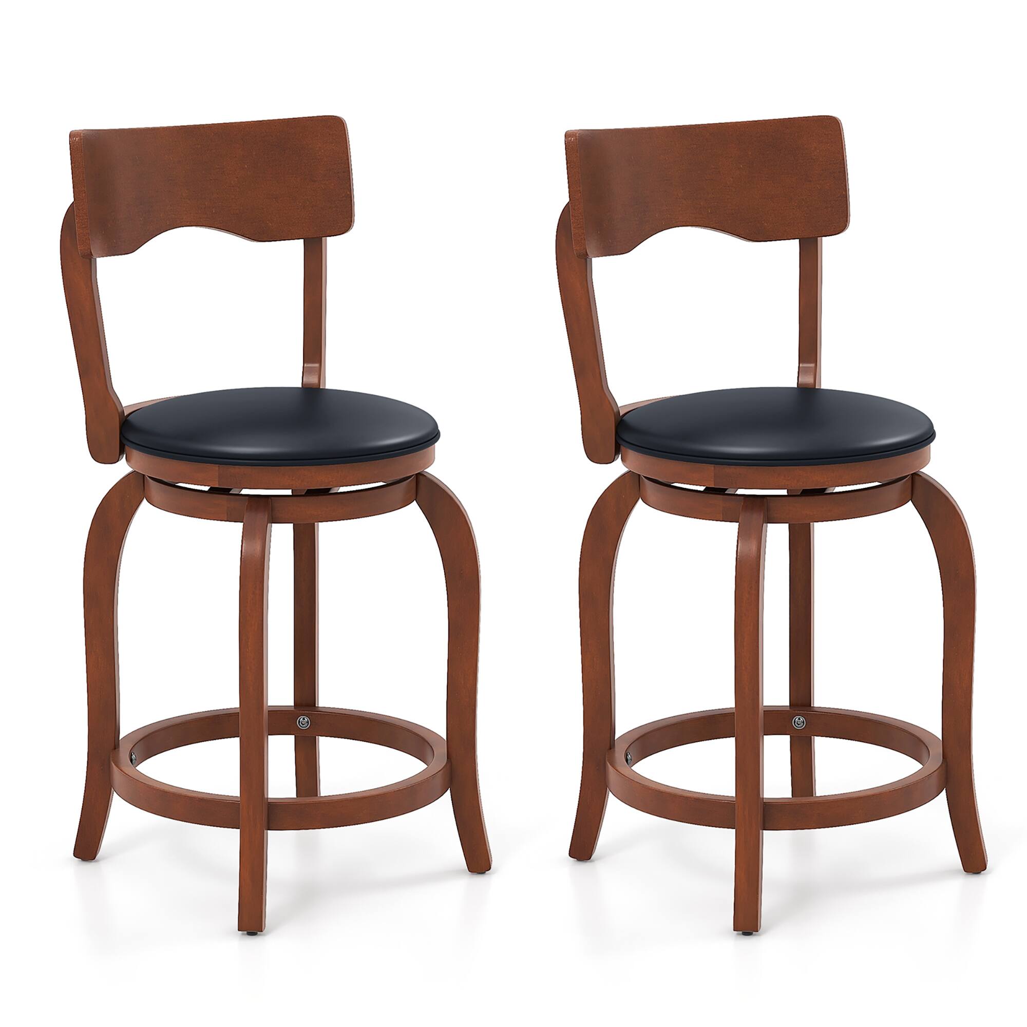 Front. Gymax - Gymax 24'' Swivel Bar Stools Set of 2 w/ Rubber Wood Frame Upholstered Seat Footrest - Brown, Black.