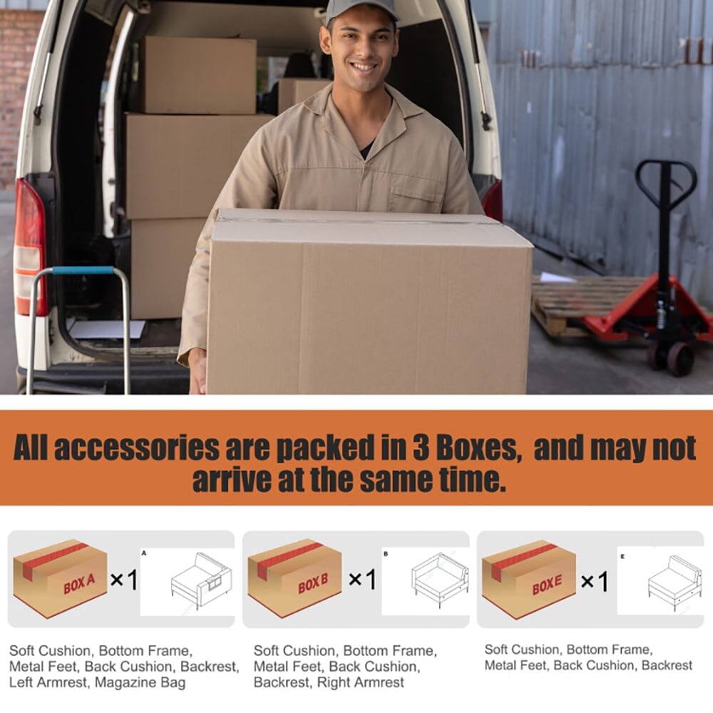 All accessories are packed in 3 Boxes, and may not arrive at the same time.

BOX A x1  
Soft Cushion, Bottom Frame, Metal Feet, Back Cushion, Backrest, Left Armrest, Magazine Bag

BOX B x1  
Soft Cushion, Bottom Frame, Metal Feet, Back Cushion, Backrest, Right Armrest

BOX C x1  
Soft Cushion, Bottom Frame, Metal Feet, Back Cushion, Backrest