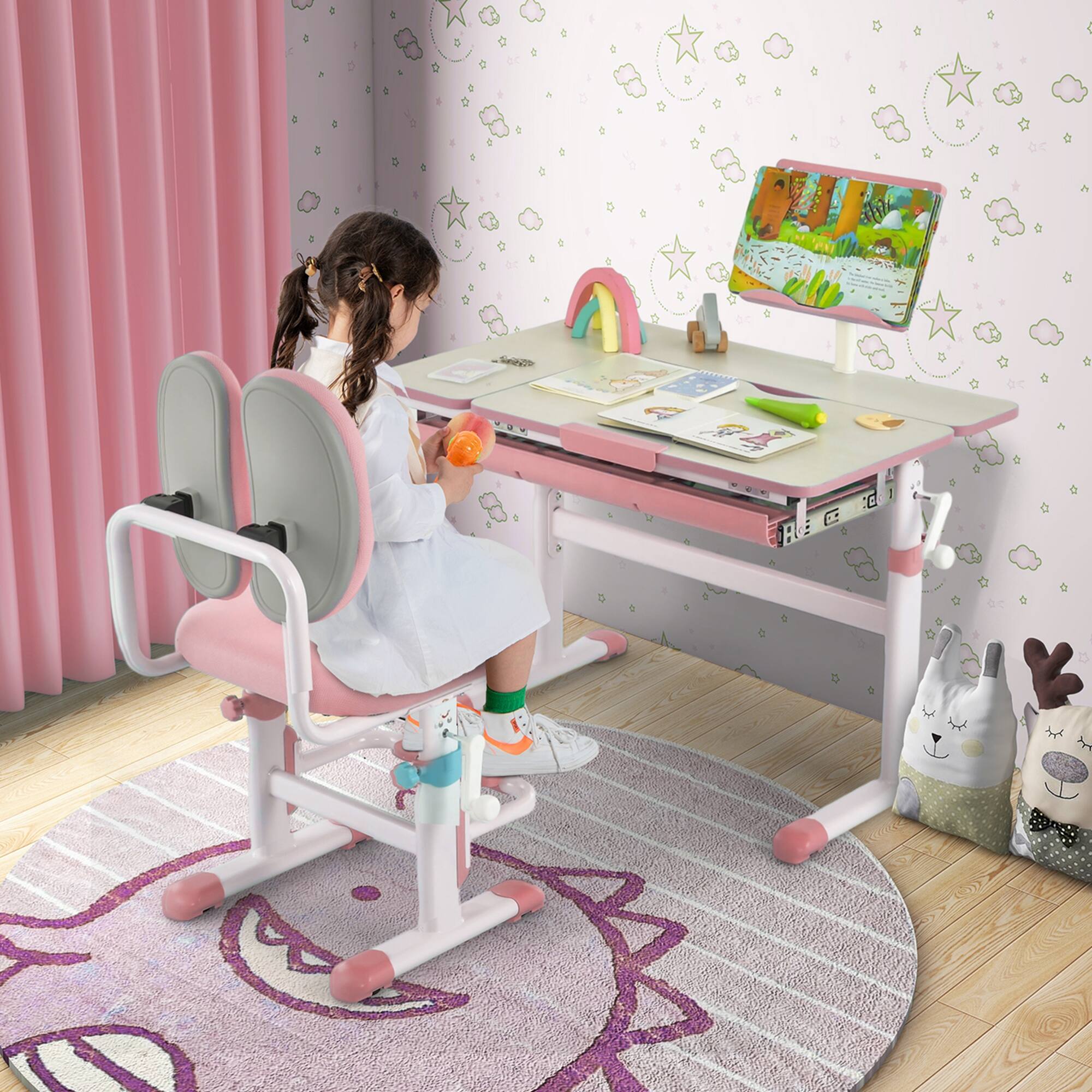 Alt View 3. Costway - Costway Height-Adjustable Kids Desk Children Study Table with Tilt Desktop & Book Stand - Pink.