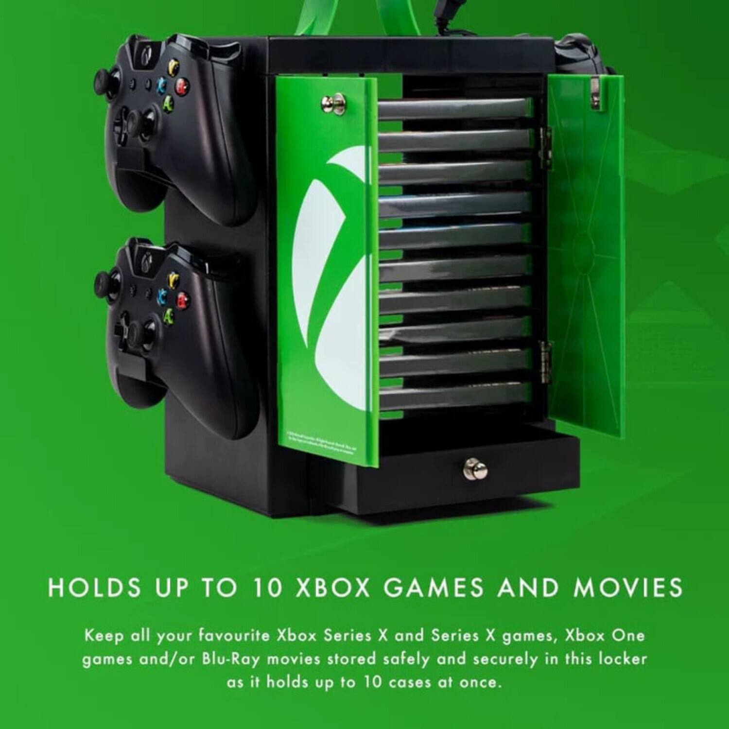 HOLDS UP TO 10 XBOX GAMES AND MOVIES

Keep all your favourite Xbox Series X and Series X games, Xbox One games and/or Blu-Ray movies stored safely and securely in this locker as it holds up to 10 cases at once.