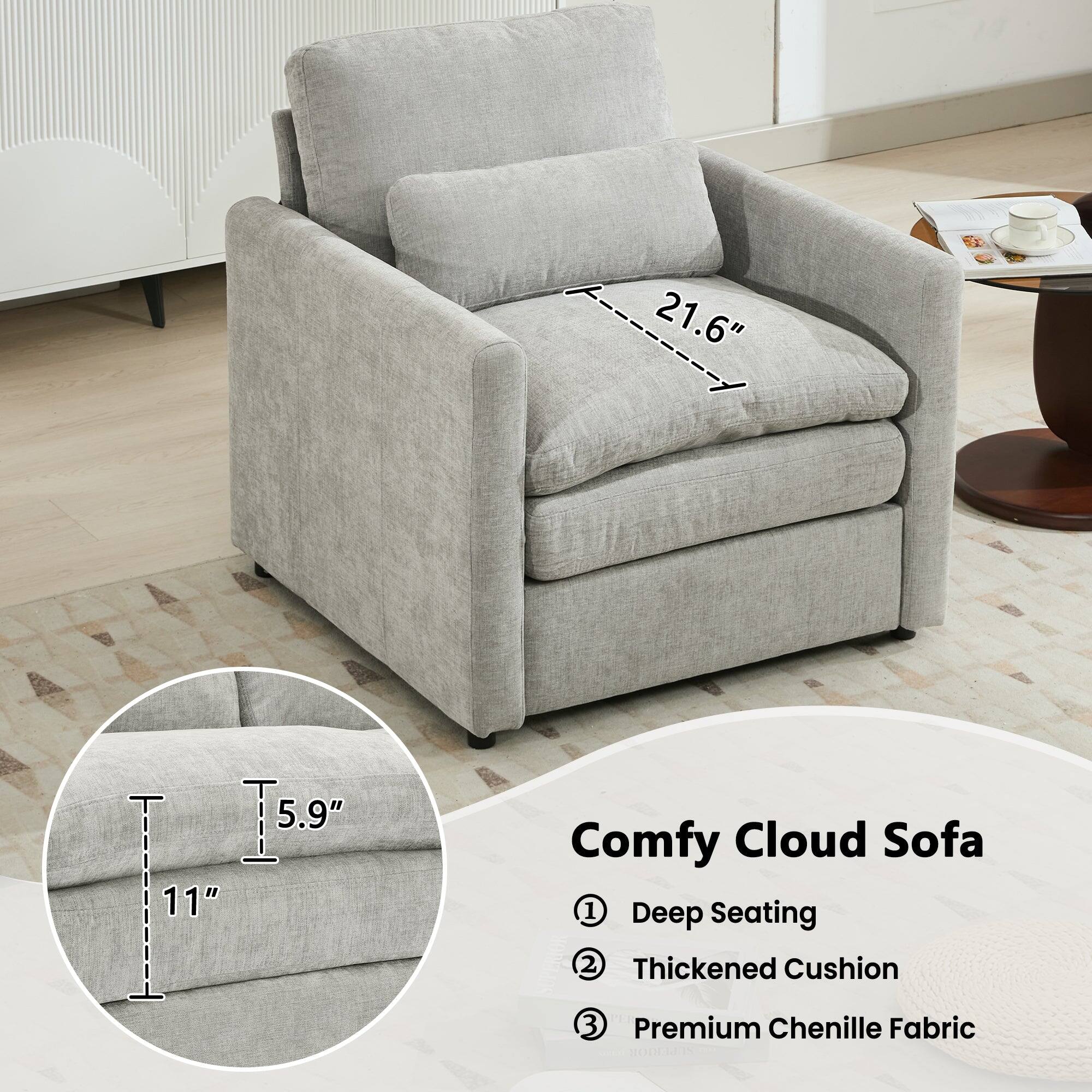 Comfy Cloud Sofa

1. Deep Seating
2. Thickened Cushion
3. Premium Chenille Fabric

Dimensions:
- 21.6" (width)
- 5.9" (depth)
- 11" (height)