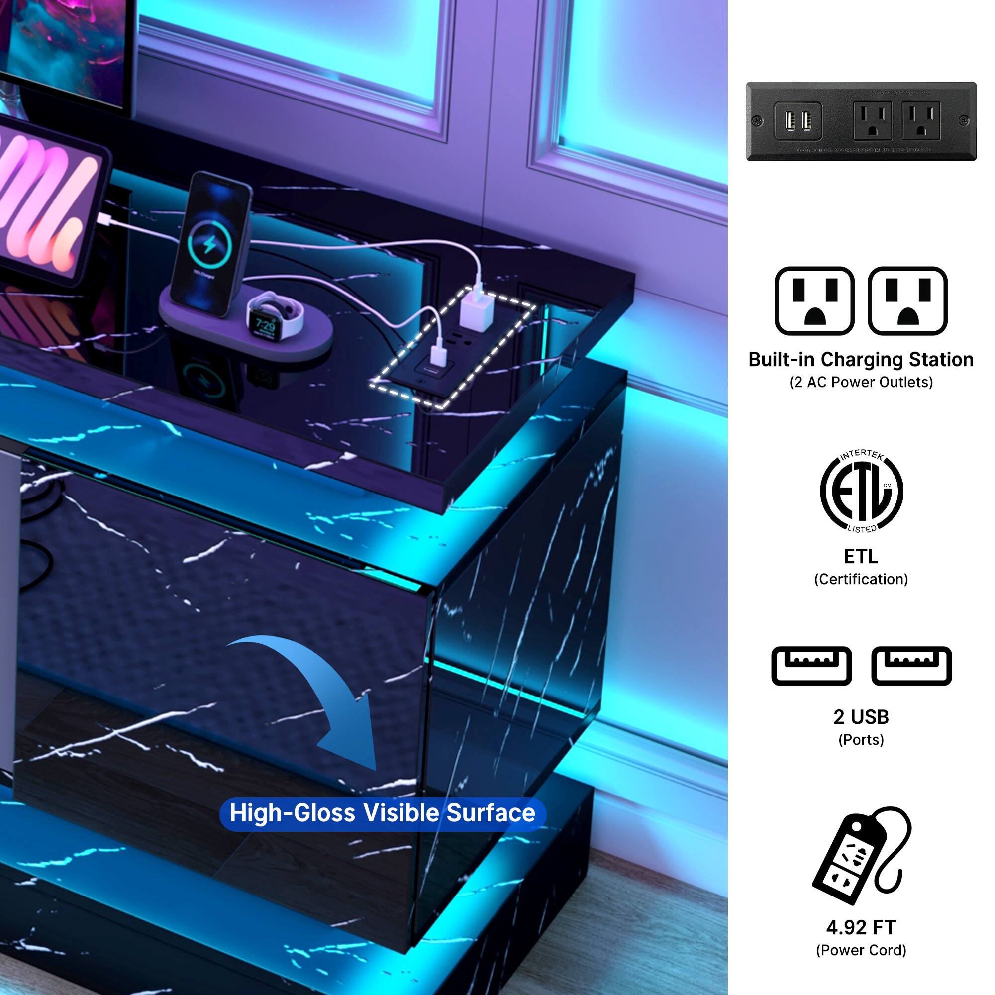 729 Built-in Charging Station (2 AC Power Outlets)  
INTERTEK ETL LISTED ETL (Certification)  
2 USB (Ports)  
High-Gloss Visible Surface  
4.92 FT (Power Cord)