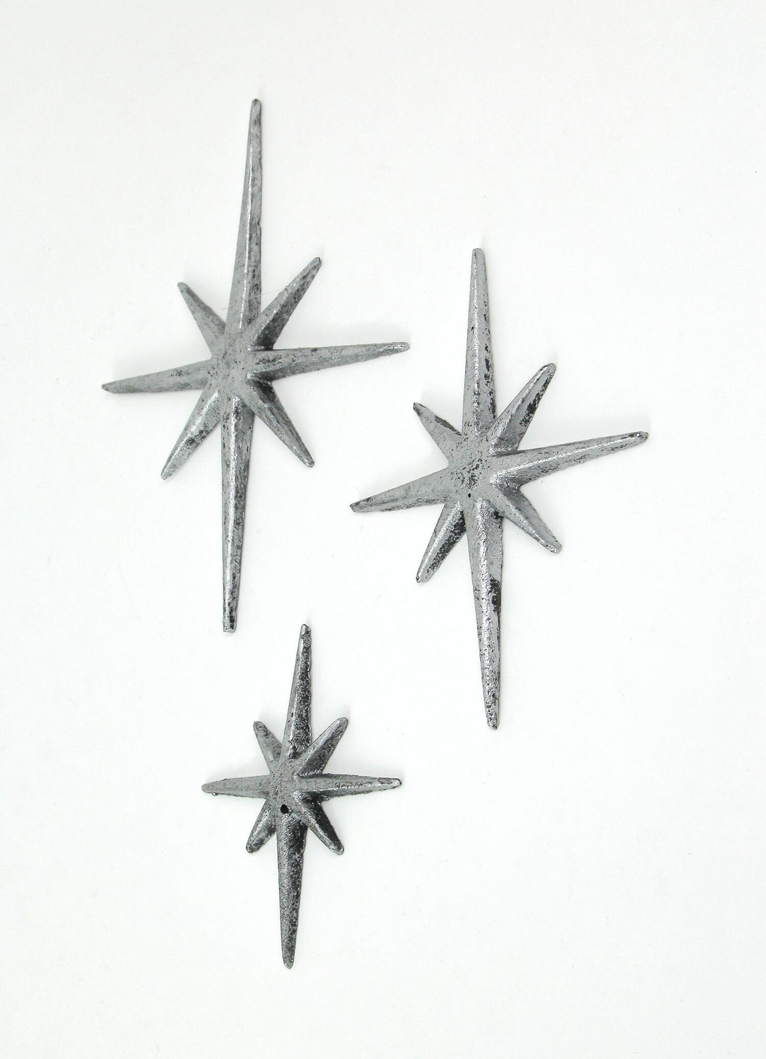 Alt View 1. Zeckos - Set of 3 Metallic Silver Cast Iron 8 Pointed Starburst Wall Hangings Stars - Silver.