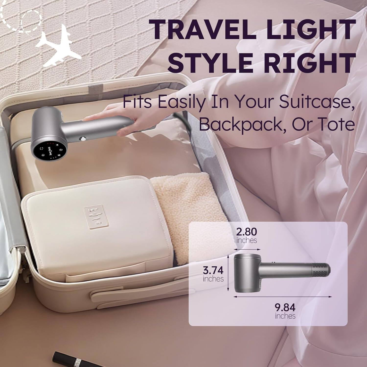 TRAVEL LIGHT STYLE RIGHT  
1. Fits Easily In Your Suitcase, Backpack, Or Tote  
2.80 inches  
3.74 inches  
9.84 inches
