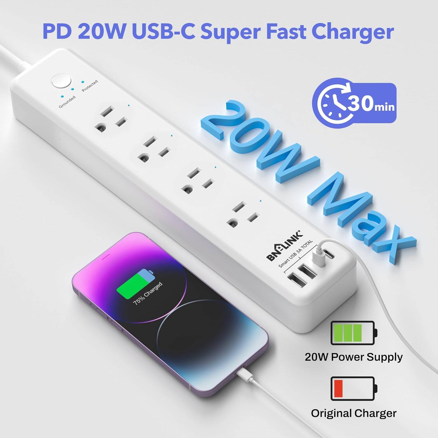 PD 20W USB-C Super Fast Charger  
Protected Grounded  
30 min  
20W Max  
20W Power Supply  
Original Charger  
75% Charged