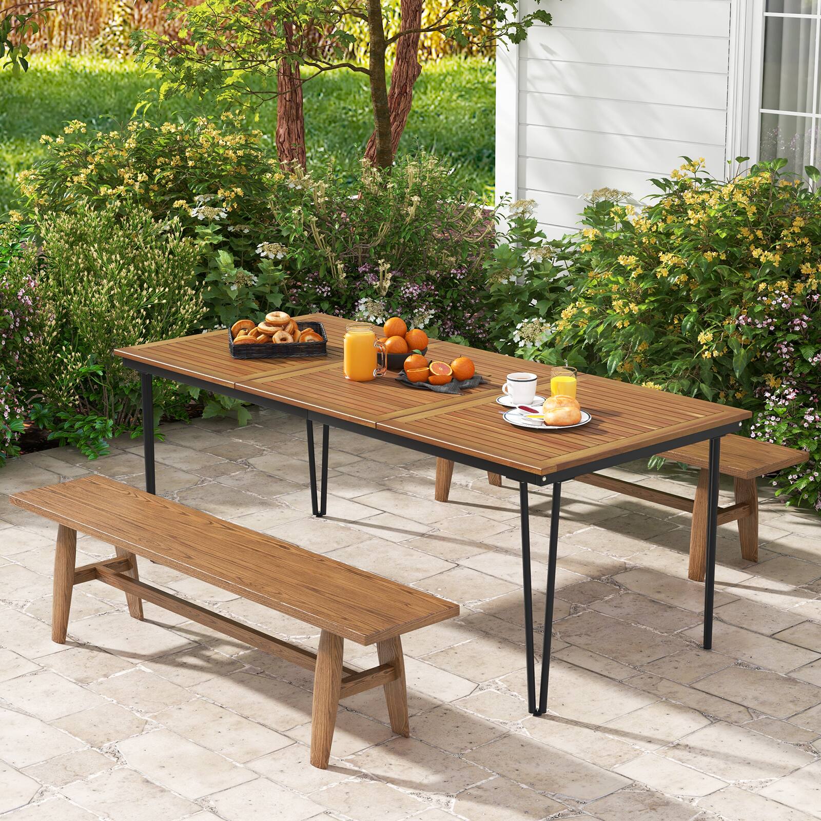 Alt View 3. Costway - Costway 79" Outdoor Dining Table 8-Person Patio Table with 1.9" Umbrella Hole - Natural,Black.