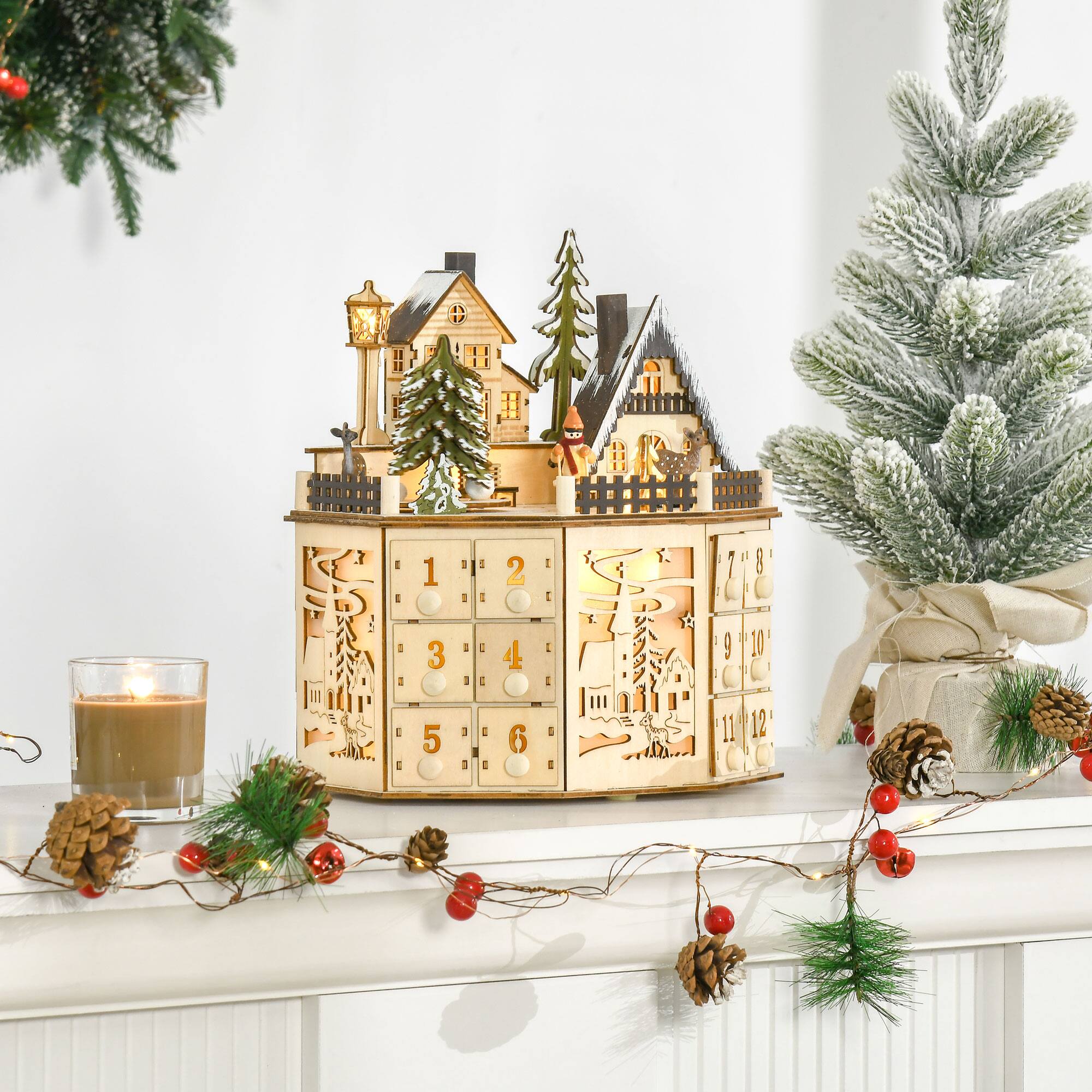 Alt View 1. Homcom - Christmas Advent Calendar, Light Up Table Wooden Decor w/ Countdown Drawers & Village - Natural Wood.