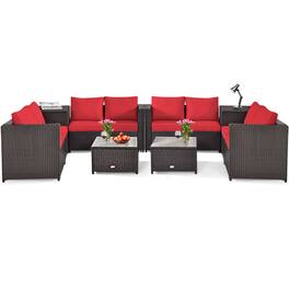 Costway - 8PCS Outdoor Patio Rattan Furniture Set Cushioned Loveseat Storage Table - Red