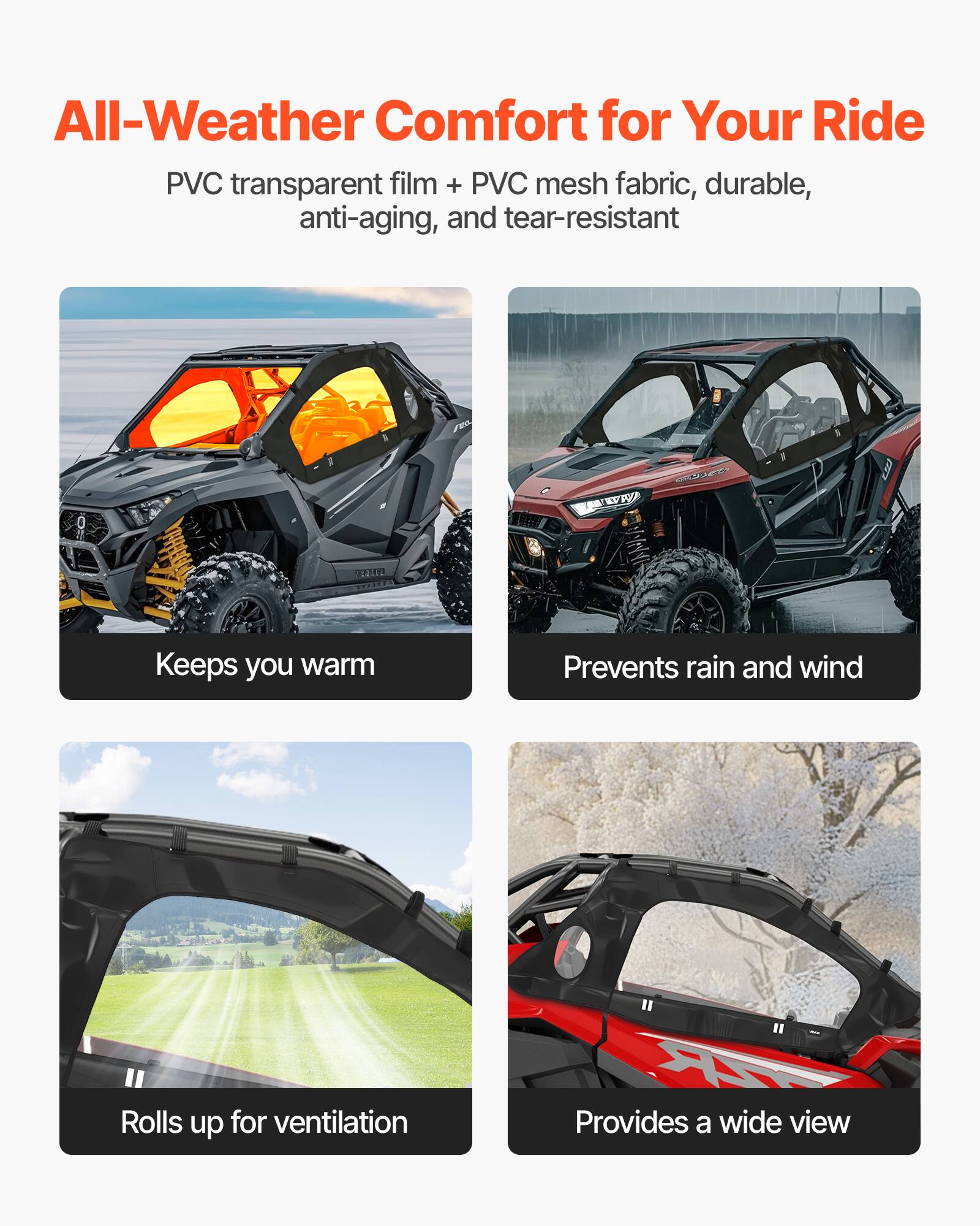 All-Weather Comfort for Your Ride

PVC transparent film + PVC mesh fabric, durable, anti-aging, and tear-resistant

- Keeps you warm
- Prevents rain and wind
- Rolls up for ventilation
- Provides a wide view