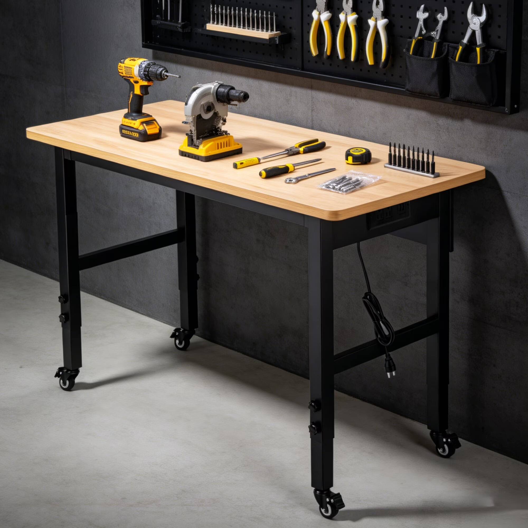 Back. Steelite - 48"x24" Garage Workbench with Lockable Wheels & Power Outlet, Hardwood Top, Adjustable Height, 2000 LBS Load Capacity.