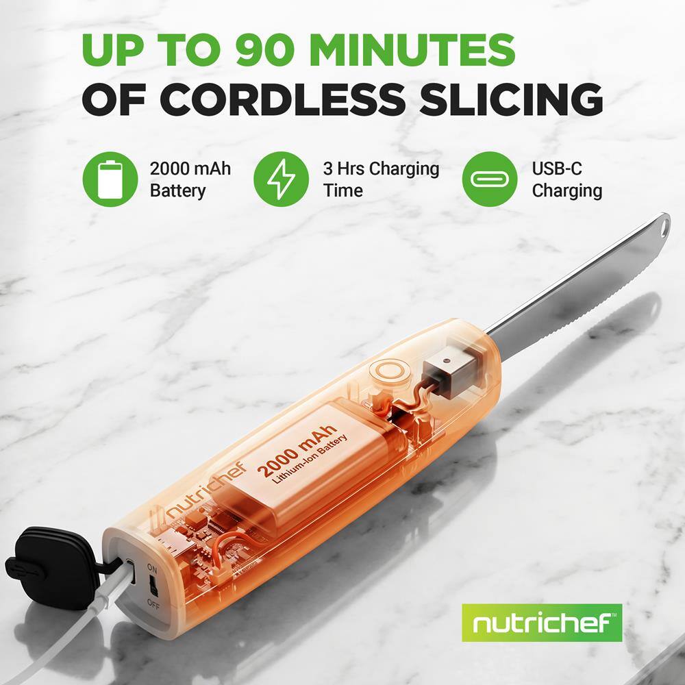 UP TO 90 MINUTES OF CORDLESS SLICING

2000 mAh Battery
3 Hrs Charging Time
USB-C Charging

2000 mAh Lithium-lon Battery

nutrichef ON OFF

nutrichef
