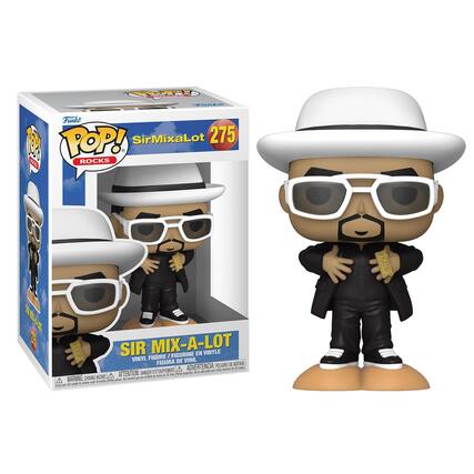 Sure, here is the corrected and grouped text from the image:
---
**Front of the Box:**
- **Top Left Corner:**
- Funko
- POP! Rocks
- **Top Center:**
- Sir Mix-a-Lot
- 275
- **Center:**
- Sir Mix-a-Lot
- VINYL FIGURE EN VINYLE
- FIGURINE EN VINYLE
- FIGURA DE VINIL
- **Bottom Center:**
- WARNING: CHOKING HAZARD - Small parts. Not for children under 3 years.
- ATTENTION: PELIGRO DE AHOGO - Piezas pequeñas. No es adecuado para menores de 3 años.
- ADVERTENCIA: PEU DE RISQUE - Petits éléments. Ne convient pas aux enfants de moins de 3 ans.
- **Bottom Left Corner:**
- Official Licensed Product
- **Bottom Right Corner:**
- © 2019 Warner Bros. Entertainment Inc. All Rights Reserved.
---
**Side of the Box:**
- **Left Side:**
- Sir Mix-a-Lot
- 27