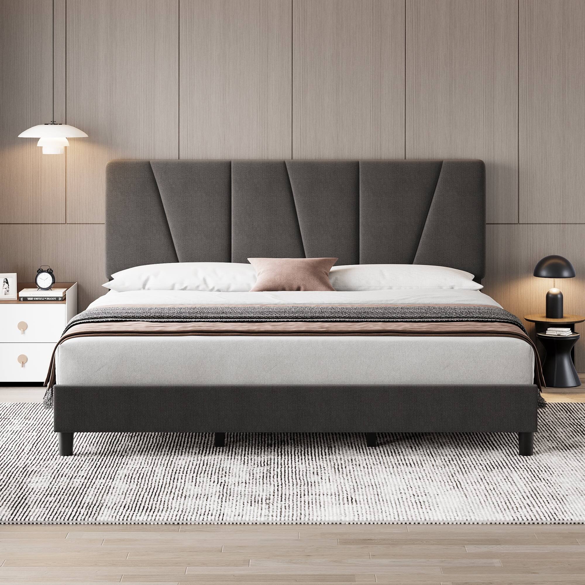 Front. GARVEE - King Size Bed Frame Dark Gray Wooden Slats Heavy Duty No Box Spring Easy Assembly - Dark Gray King.