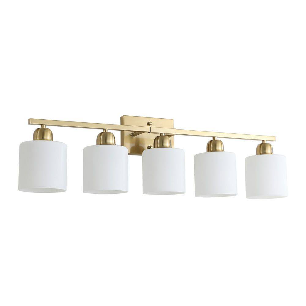 Angle. Kadyn - Gold Bathroom Light Fixtures, 5-Light Modern Vanity Light, Wall Sconces with Milky White Frosted Glass Shades - Gold.