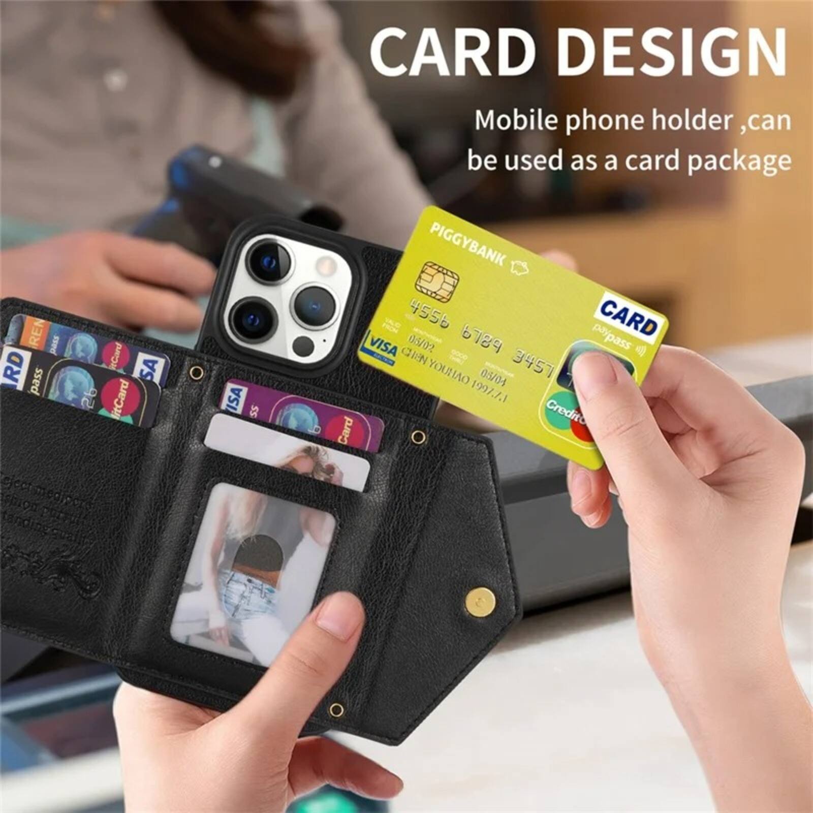 CARD DESIGN  
Mobile phone holder, can be used as a card package  

PIGGYBANK  
CARD  
4556 6729 3457  
05/02  
CHEN YOHAO 05/04  
1997.7.1  
Card Credito