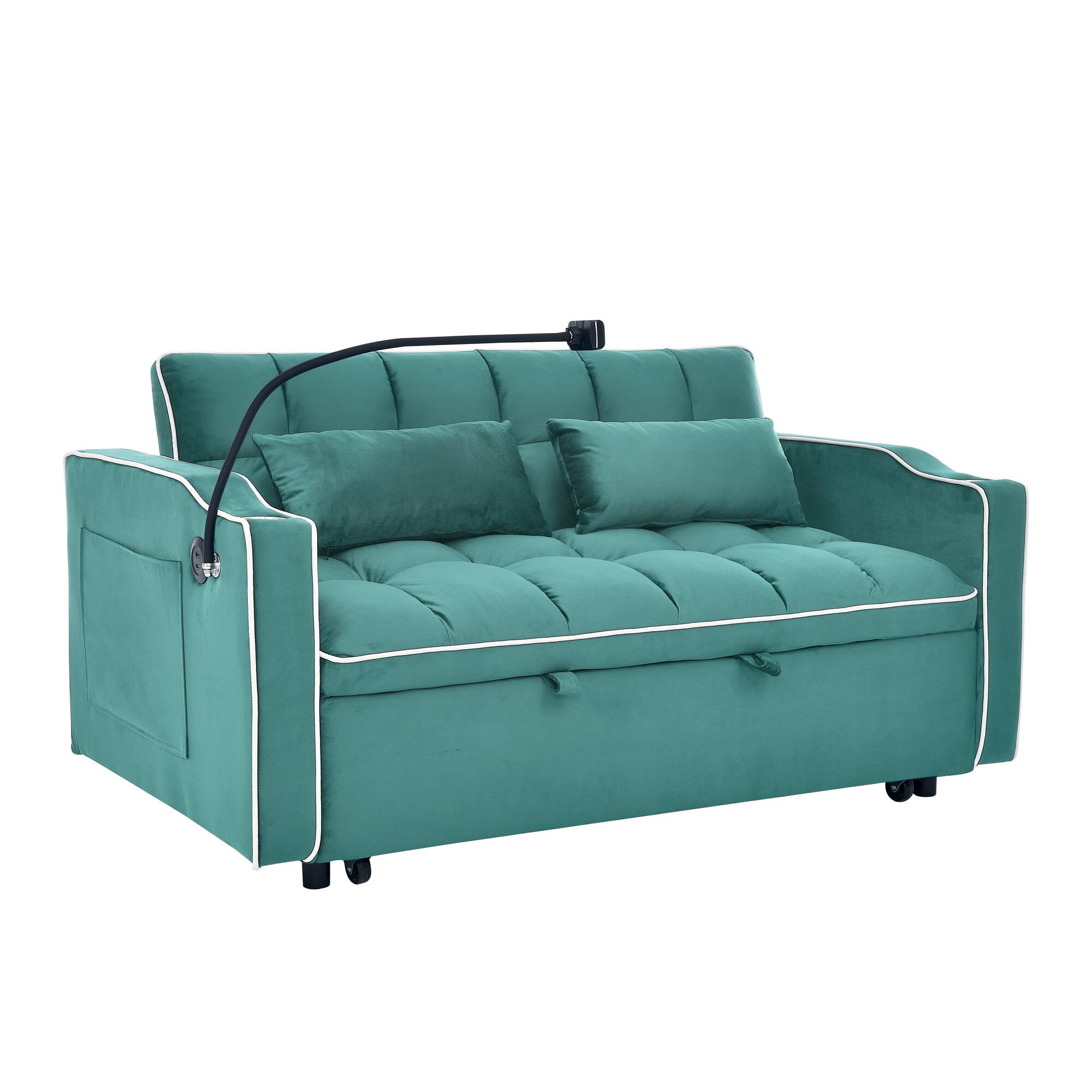 Alt View 7. Tiramisubest - Modern Velvet Versatile Foldable Sofa Bed in 3 Lengths,Adjustable Back w/ USB Port,Ashtray & Swivel Phone Stand (Green) - Antique blue green.