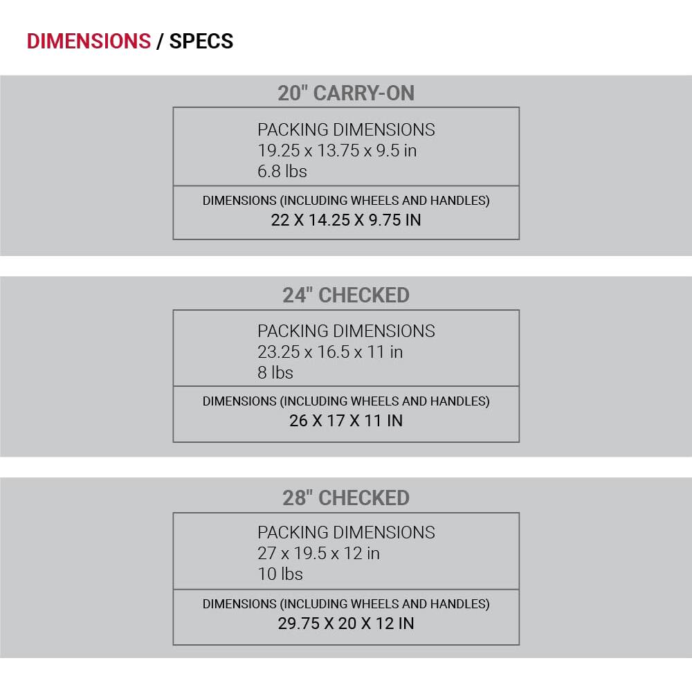 DIMENSIONS / SPECS

20" CARRY-ON  
Packing Dimensions: 19.25 x 13.75 x 9.5 in  
Weight: 6.8 lbs  
Dimensions (Including Wheels and Handles): 22 x 14.25 x 9.75 in

24" CHECKED  
Packing Dimensions: 23.25 x 16.5 x 11 in  
Weight: 8 lbs  
Dimensions (Including Wheels and Handles): 26 x 17 x 11 in

28" CHECKED  
Packing Dimensions: 27 x 19.5 x 12 in  
Weight: 10 lbs  
Dimensions (Including Wheels and Handles): 29.75 x 20 x 12 in