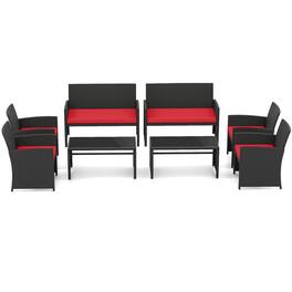 Costway - 8 PCS Patio Conversation Set with Seat Cushions & Tempered Glass Tabletop, Porch - Red+Black