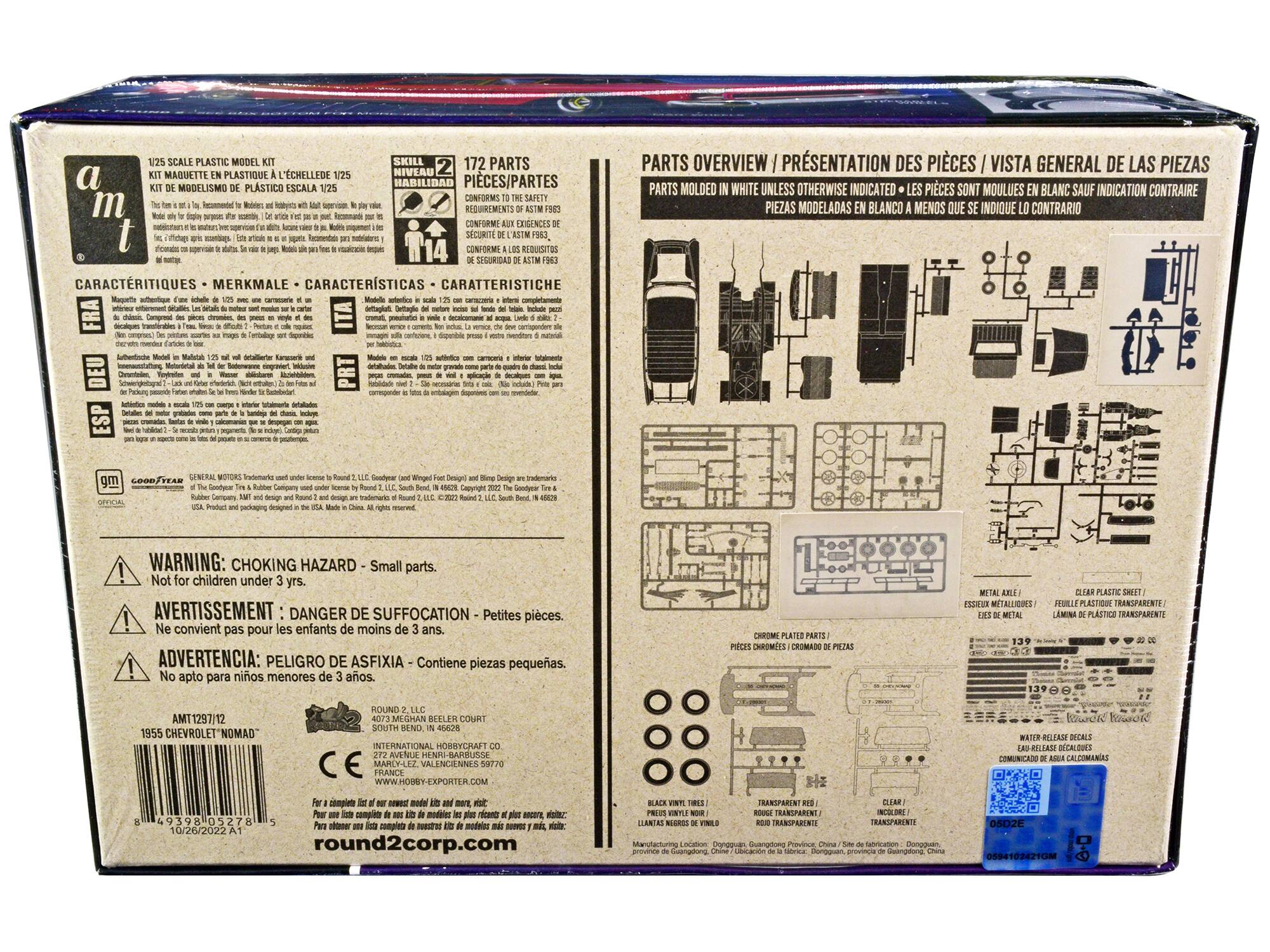 Sure, here is the corrected and grouped text from the image:

---

**1/25 SCALE PLASTIC MODEL KIT**  
KIT MAQUETTE EN PLASTIQUE À L'ÉCHELLE DE 1/25  
KIT DE MODELO DE PLASTICO ESCALA 1/25  
KIT MODELISMO PLASTICO ESCALA 1/25  

**SKILL LEVEL 14**  
NIVEAU HABILETÉ 14  
NIVEL DE HABILIDAD 14  
CARATTERISTICA 14  

**172 PARTS**  
PIECES/PARTES  
REQUISITES OF ASTM F963  
CONFORME A LOS REQUISITOS DE ASTM F963  
CONFORME A LA SEGURIDAD DE ASTM F963  
CONFORME A LOS REQUISITOS DE SEGURIDAD DE ASTM F963  

**PARTS OVERVIEW / PRÉSENTATION DES PIÈCES / VISTA GENERAL DE LAS PIEZAS**  
PARTS MOLDED IN WHITE UNLESS OTHERWISE INDICATED - LES PIECES SONT MOULÉES EN BLANC SAUF IND