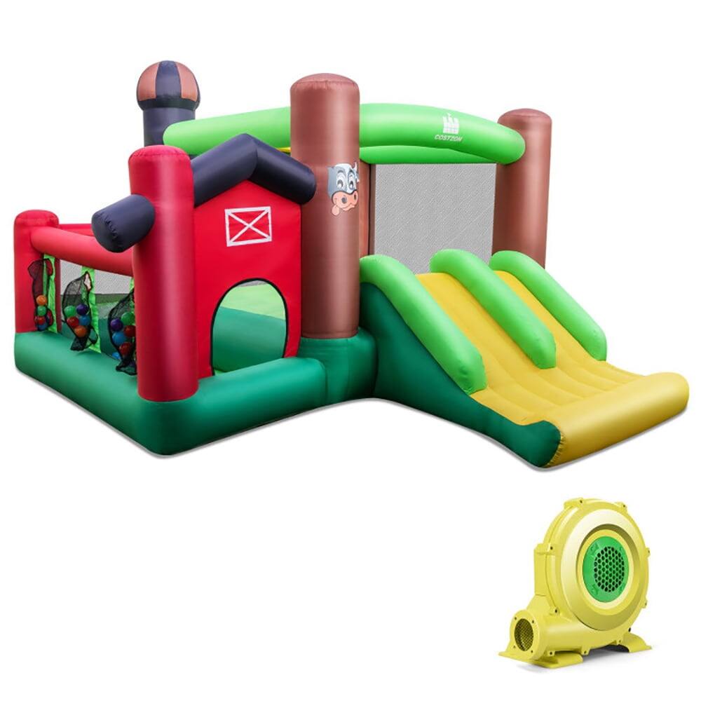 Angle. Pefilos - Farm Themed 6-in-1 Inflatable Castle with Trampoline and 735W Blower, Jumping Castle Family Backyard Bouncy - Green.