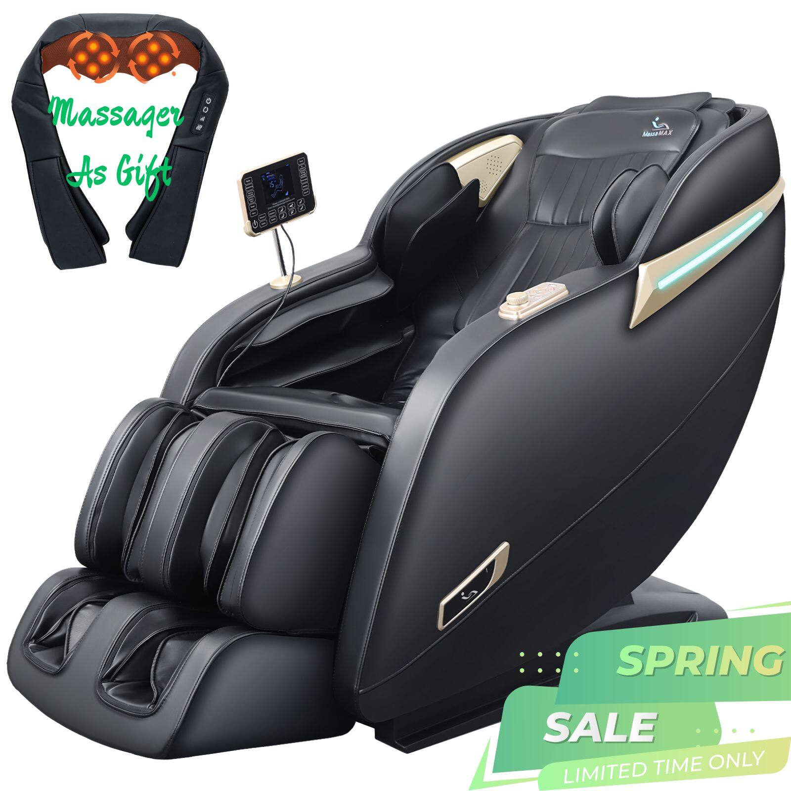 MassaMax - MD906 Massage Chair Full Body Zero Gravity Recliner Shiatsu SL Track,with Heating, Foot & Calf Massage - Black
