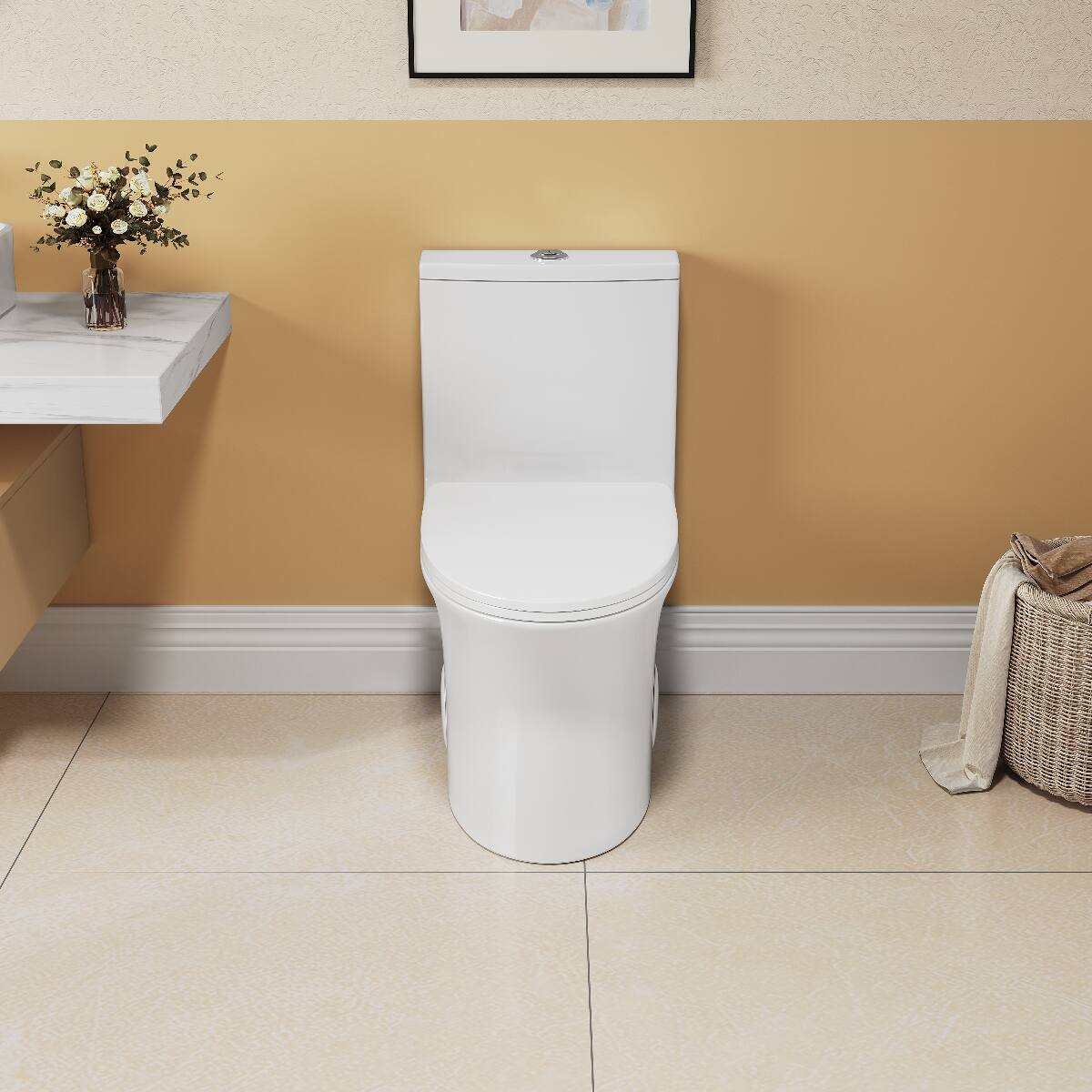 Angle. Loheer - Loheer One Piece Elongated Toilet, White Ceramic, Comfort Height Dual Flush - White.