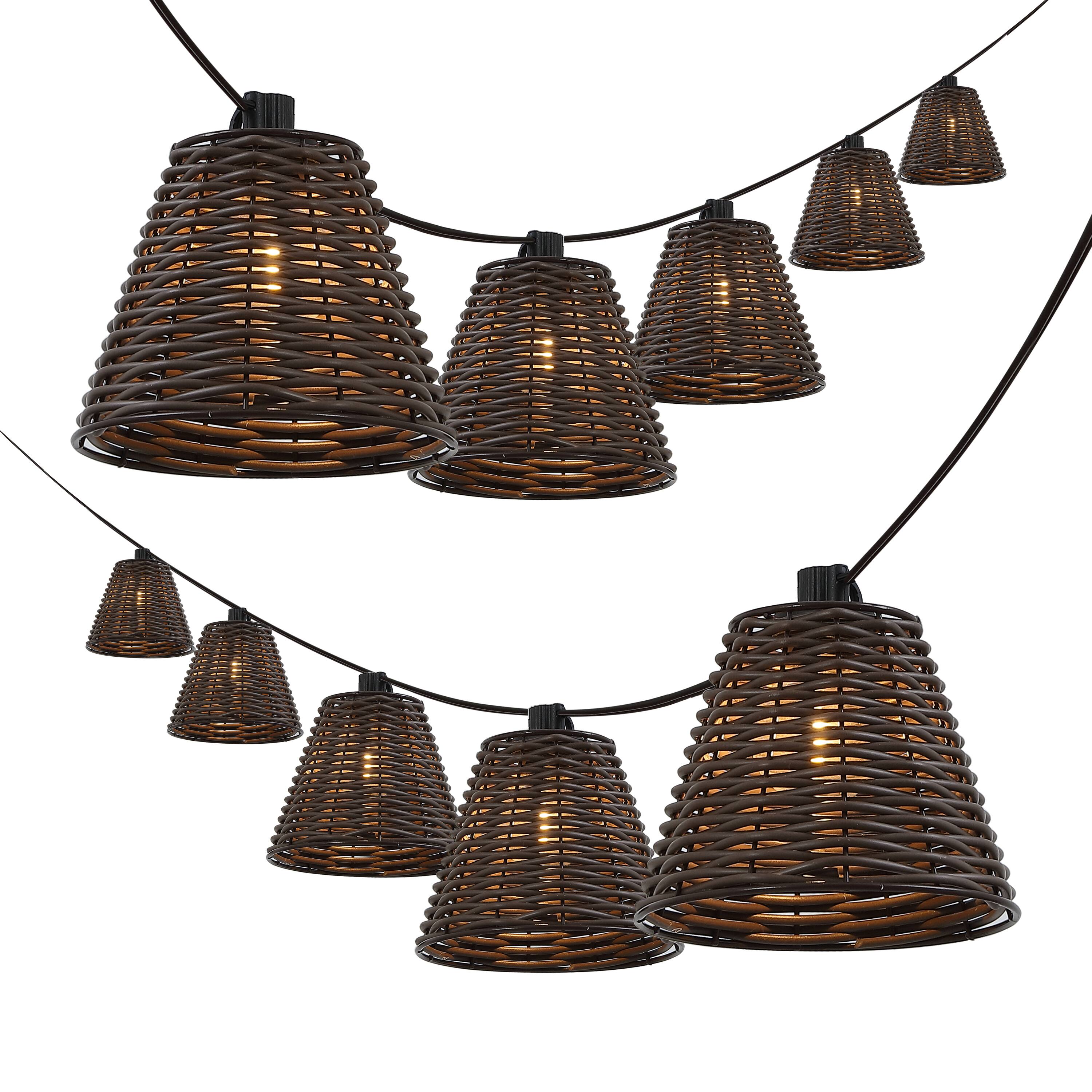 Front. Jonathan Y - Payton 10-Light Indoor/Outdoor 10 ft. Classic Cottage LED G40 Faux-Rattan Shaded String Lights, Dark Brown - Dark Brown.