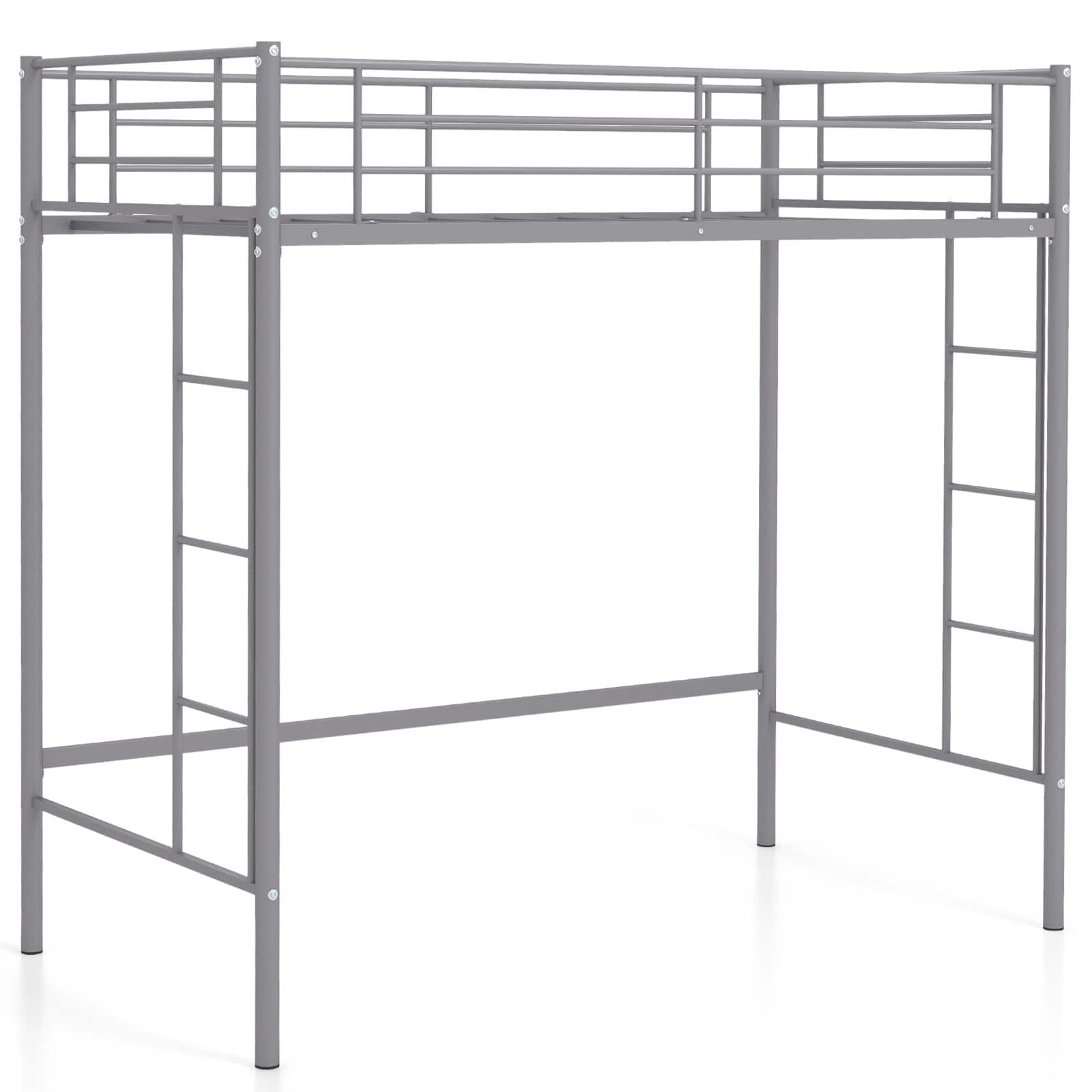 Costway - Twin Size Loft Bed Heavy Duty Metal Loft Bed Frame with Safety Guardrail - Silver