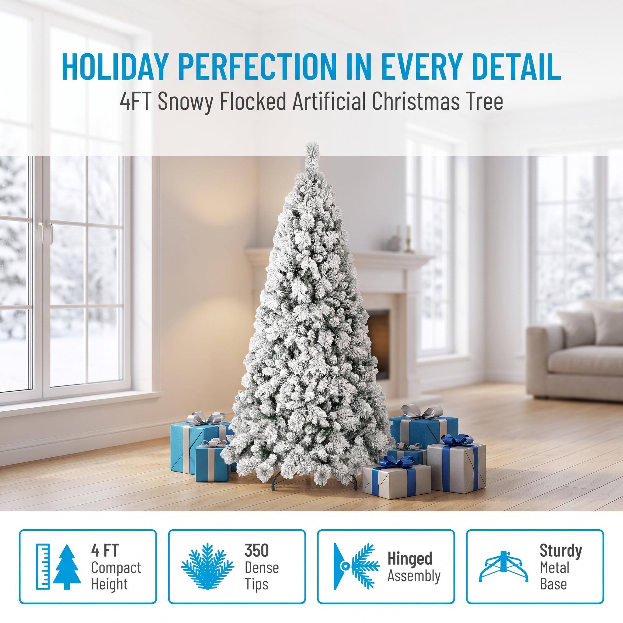 HOLIDAY PERFECTION IN EVERY DETAIL  
4FT Snowy Flocked Artificial Christmas Tree  

4FT Compact Height  
350 Dense Tips  
Hinged Assembly  
Sturdy Metal Base