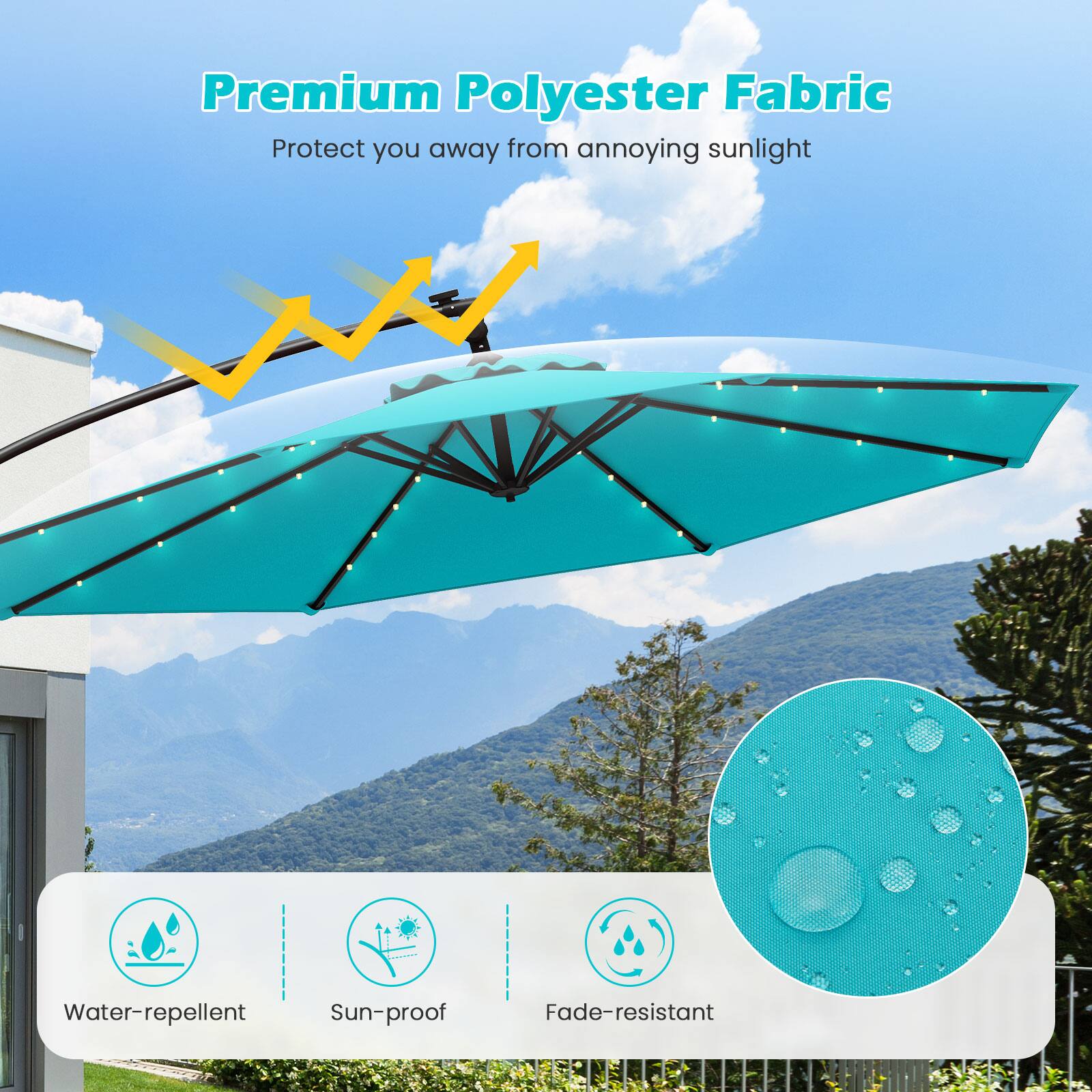 Premium Polyester Fabric, Protect you away from annoying sunlight, Water-repellent, Sun-proof, Fade-resistant