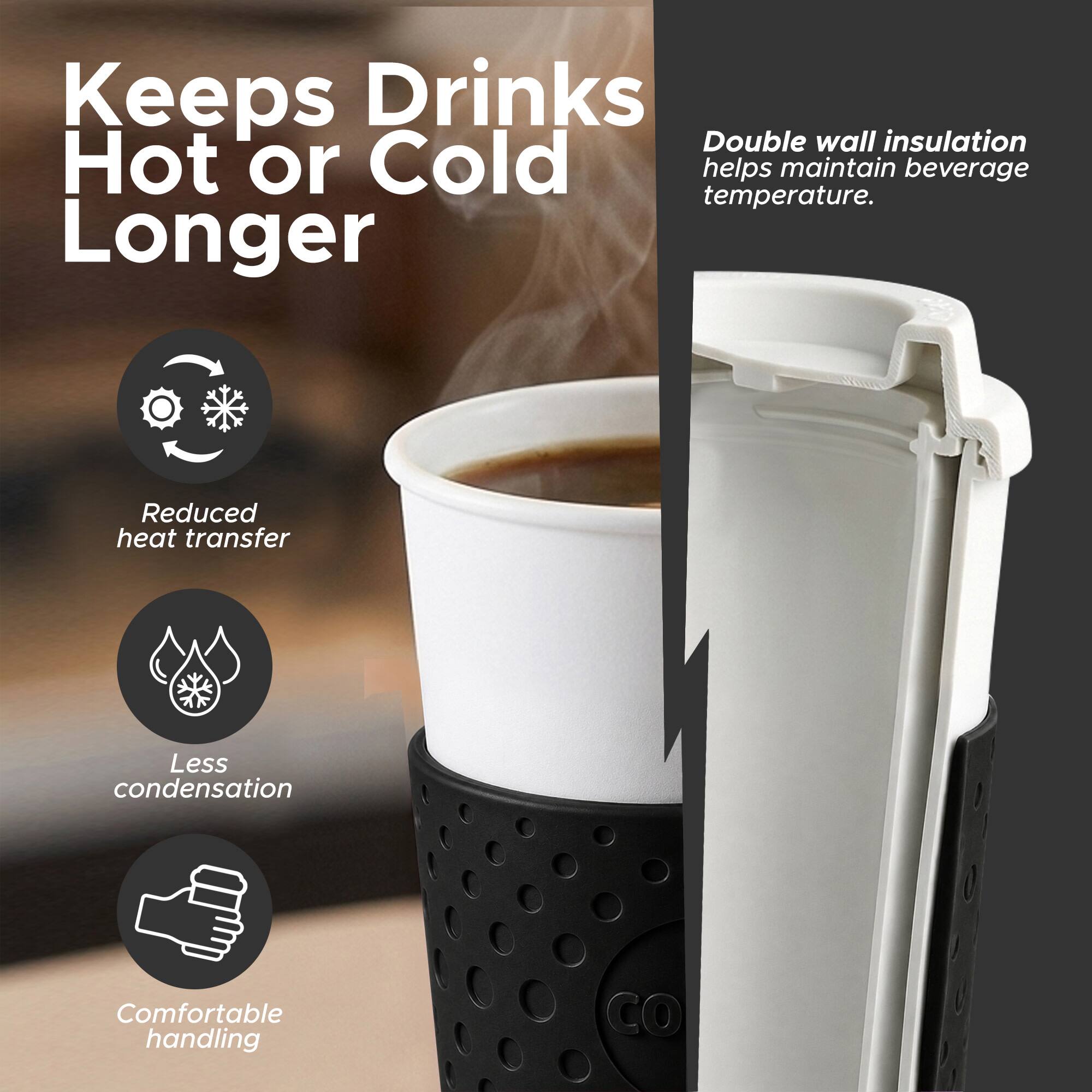 Keeps Drinks Hot or Cold Longer

Double wall insulation helps maintain beverage temperature.

- Reduced heat transfer
- Less condensation
- Comfortable handling