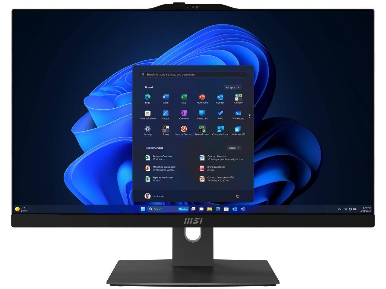 Search for apps, settings, and documents

Pinned
- Edge
- Word
- Excel
- PowerPoint
- Outlook
- Contoso
- Microsoft Store
- Photos
- OneNote
- Phone Link
- To Do
- Whiteboard
- Settings
- Sports
- Remote Desktop
- Entertainment
- Company Portal
- Windows 365

All apps > >

Recommended
- Business Overview
- All Hands
- Marketing Status Deck
- Marketing Weekly
- Expense Worksheet
- Contoso Proposal
- Brand Guidelines
- Contoso Company Profile

More > >

Jack Purton

2:30 PM
2/28/2021
