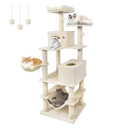 Gymax - 66'' Tall Cat Tree w/2 Condos Sisal Scratching Posts Plush Perch Hammock Basket Beige
