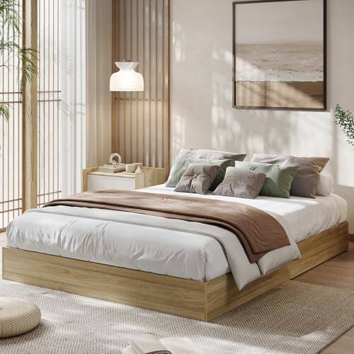 Front. Babevy - Solid Wood Platform Bed with Sturdy Wooden Slats, Floor-Standing Bed Frame - Natural.