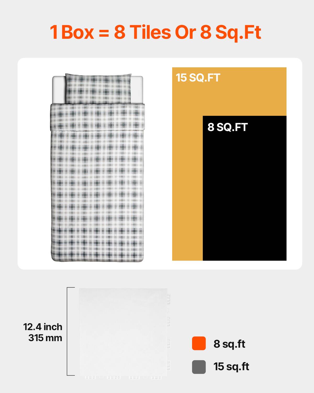 1 Box = 8 Tiles Or 8 Sq.Ft, 15 SQ.FT, 8 SQ.FT, 12.4 inch 315 mm, 8 sq.ft, 15 sq.ft