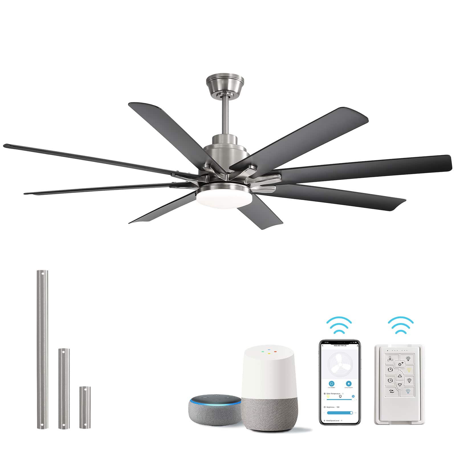 Sofucor - Large Smart Ceiling Fan with Light, Indoor/Outdoor, Alexa/Google/App Control, 8 ABS Blades, Remote - Nikcel-52inch