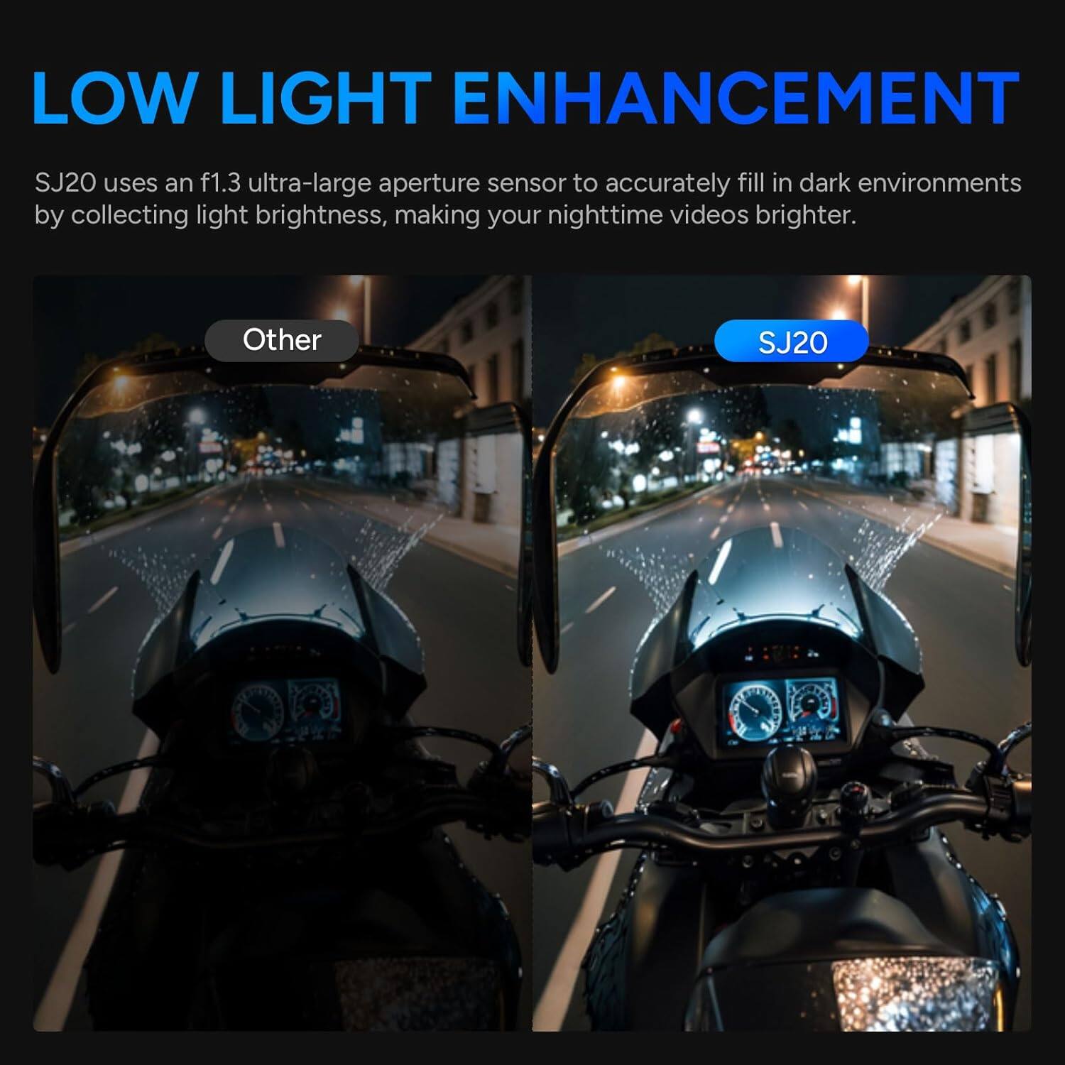 LOW LIGHT ENHANCEMENT

SJ20 uses an f1.3 ultra-large aperture sensor to accurately fill in dark environments by collecting light brightness, making your nighttime videos brighter.