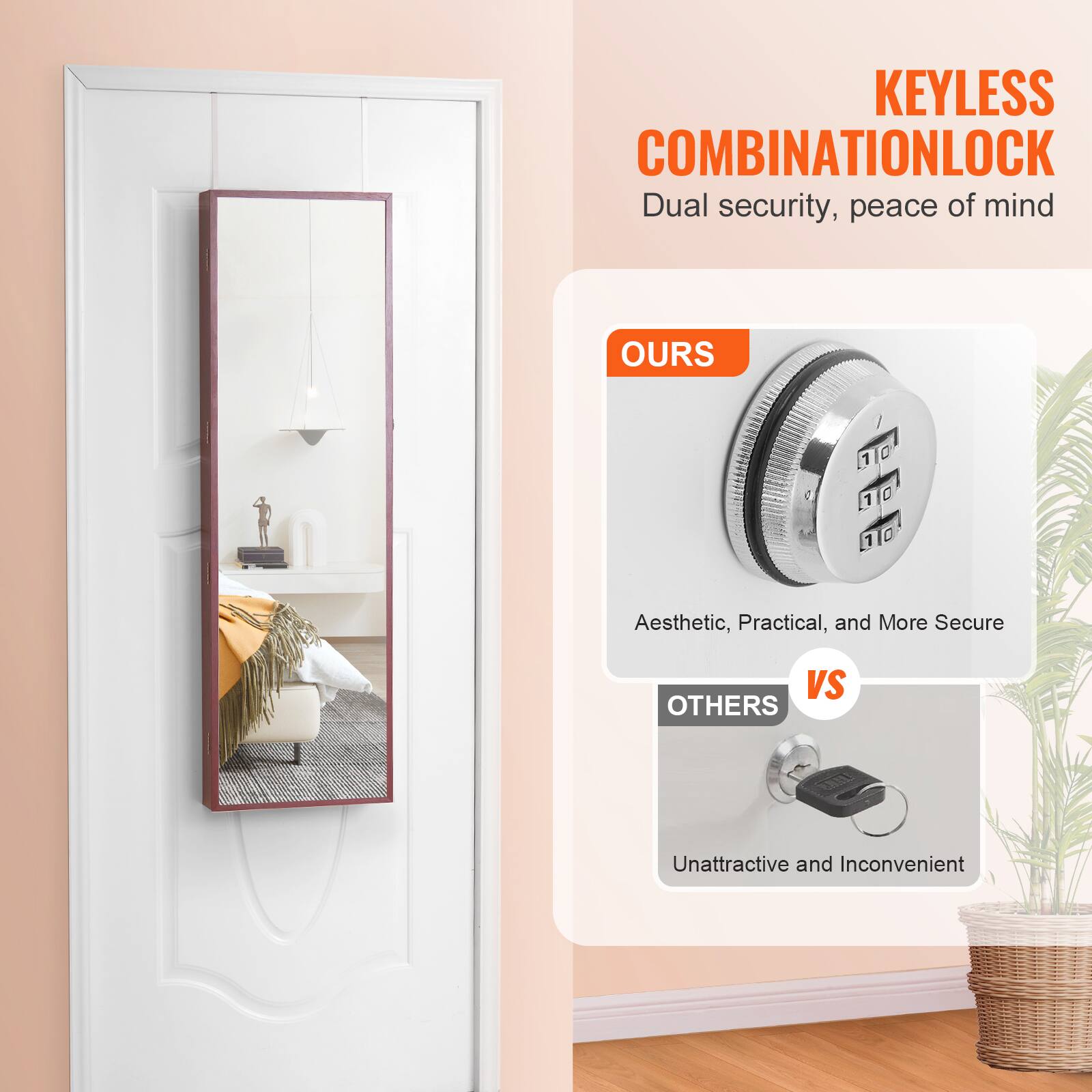 KEYLESS COMBINATION LOCK  
Dual security, peace of mind  

OURS  
Aesthetic, Practical, and More Secure  

VS  

OTHERS  
Unattractive and Inconvenient