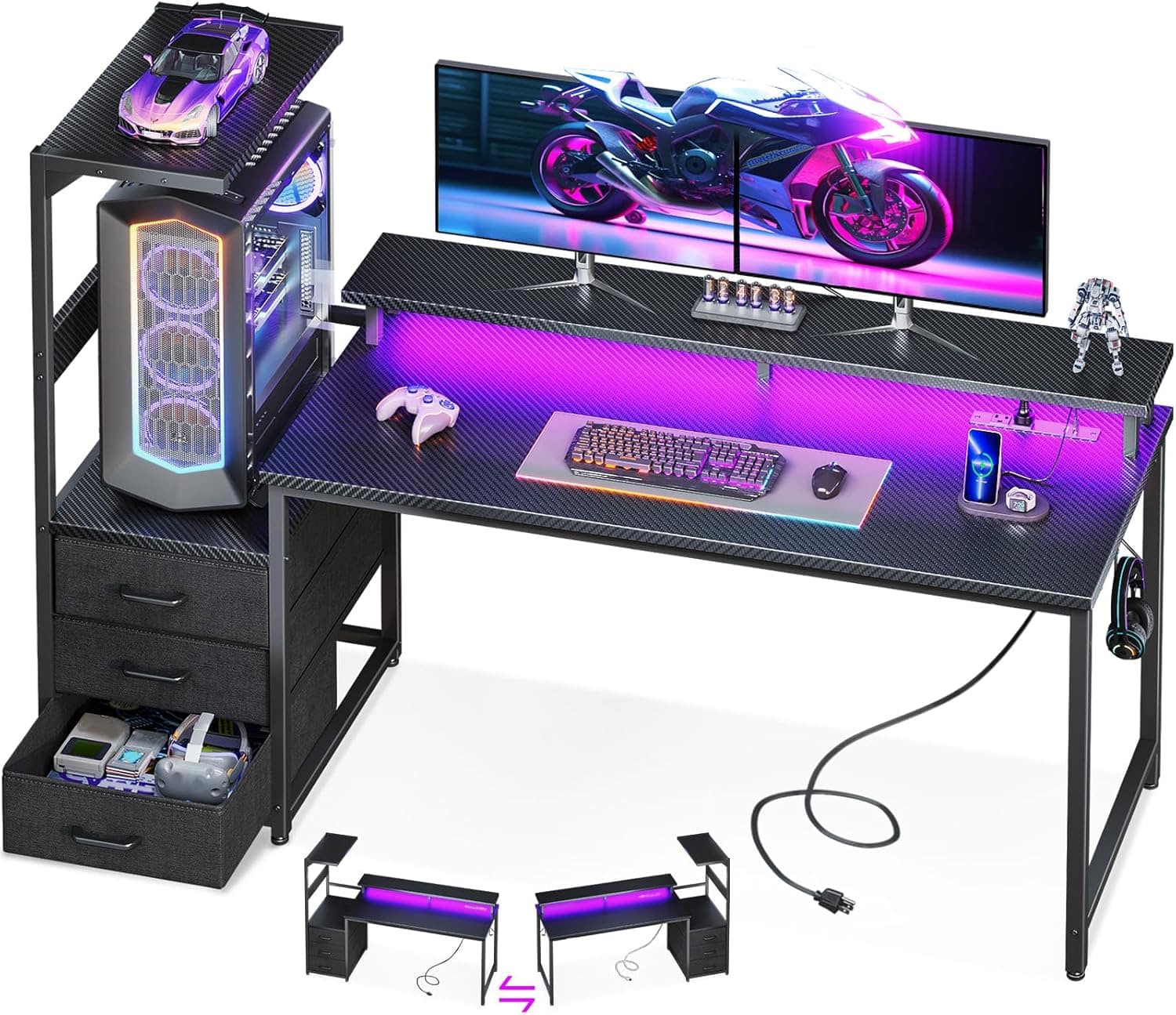 Sweet - 59" Gaming Desk with Power Outlets & LED Lights, Drawer & Storage Shelves, Reversible Computer Desk - Black