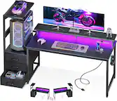 Front. Sweet - 59" Gaming Desk with Power Outlets & LED Lights, Drawer & Storage Shelves, Reversible Computer Desk, Black - Black.