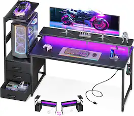 Sweet - 59" Gaming Desk with Power Outlets & LED Lights, Drawer & Storage Shelves, Reversible Computer Desk - Black