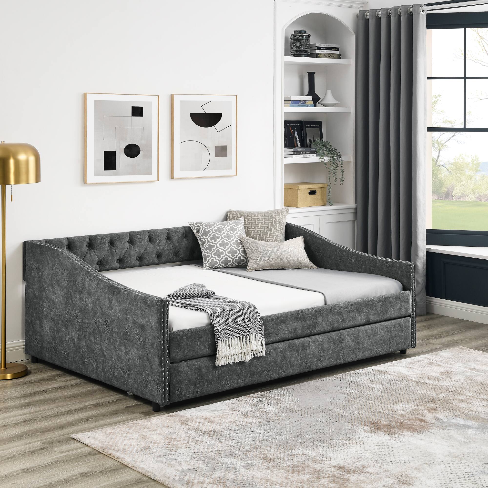 Angle. Tiramisubest - Full Size Daybed with Twin Size Trundle Upholstered Tufted Sofa Bed, ,Grey (80.5"x55.5"x27.5") - Grey.