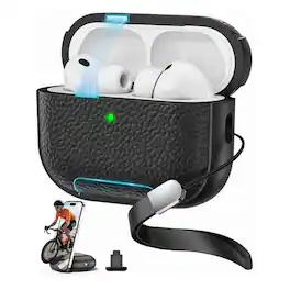 Dteck - Case for AirPods Pro 3rd Gen (2025) with Magnetic Lid Lock, Earphone Protective Cover Bulit in Phone Stand & Lanyard - Black